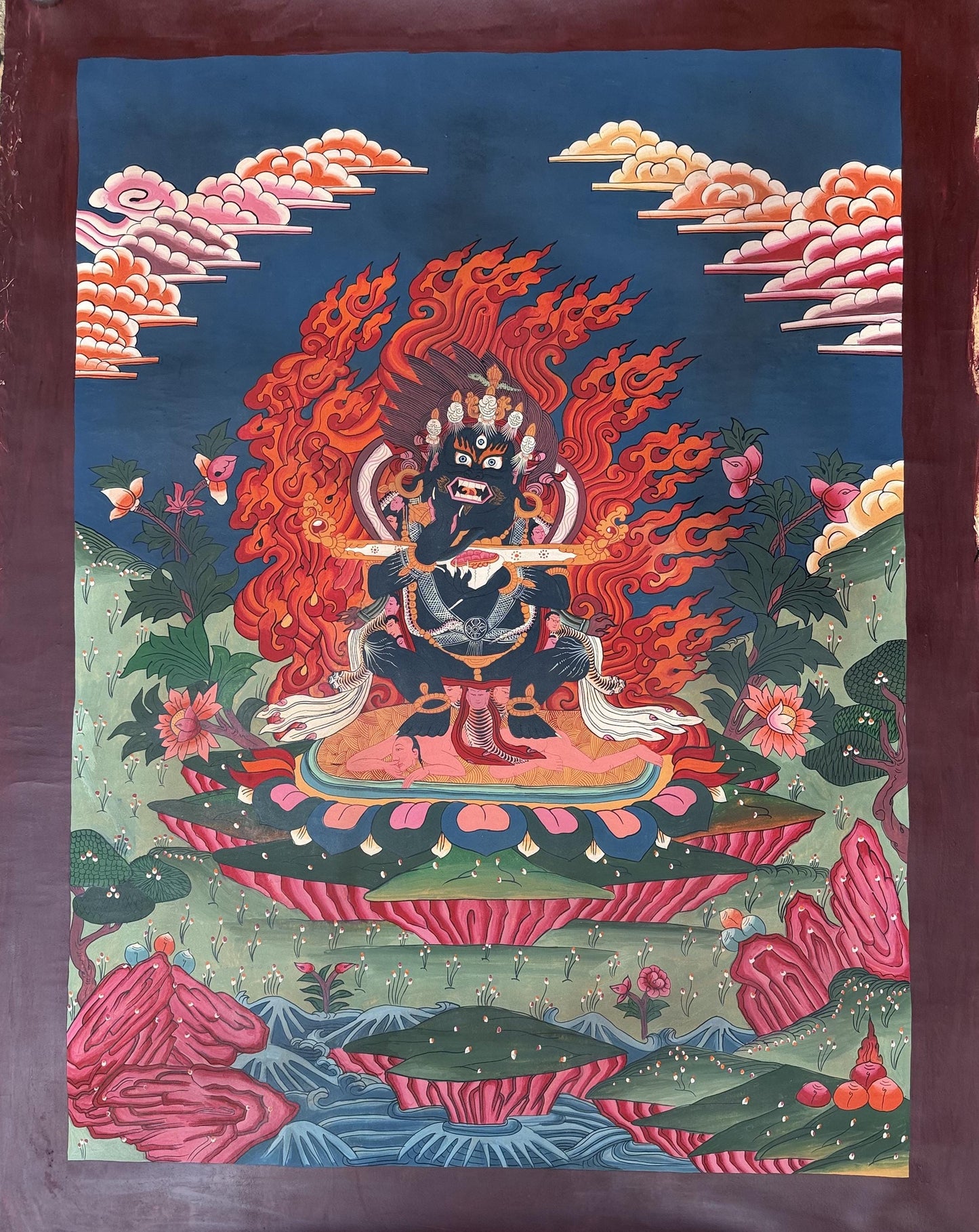 Two-Armed Mahakala Thangka Painting | Tibetan Buddhist Guardian Deity Art | Smoky Finish