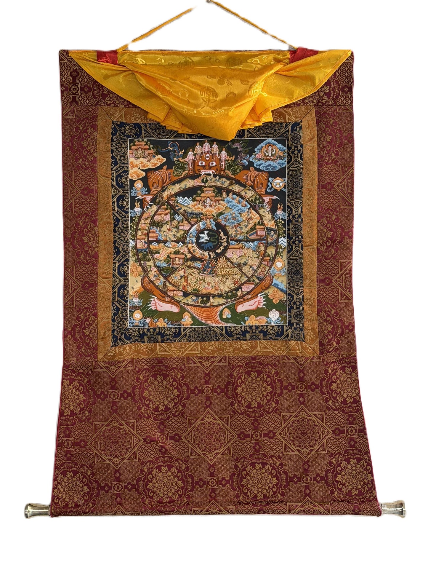 Hand-Painted Wheel of Life Samsara Mandala Thangka | Tibetan Bhavachakraa Art with Silk Brocade