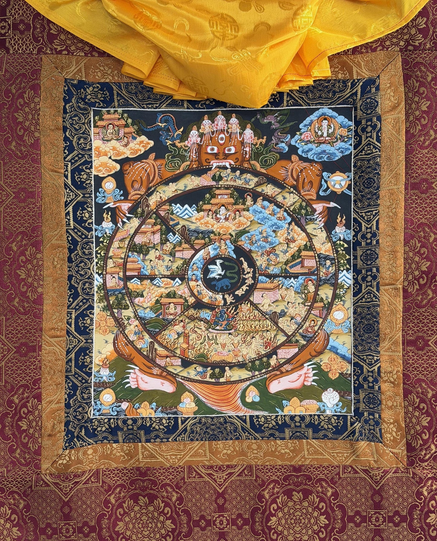 Hand-Painted Wheel of Life Samsara Mandala Thangka | Tibetan Bhavachakraa Art with Silk Brocade