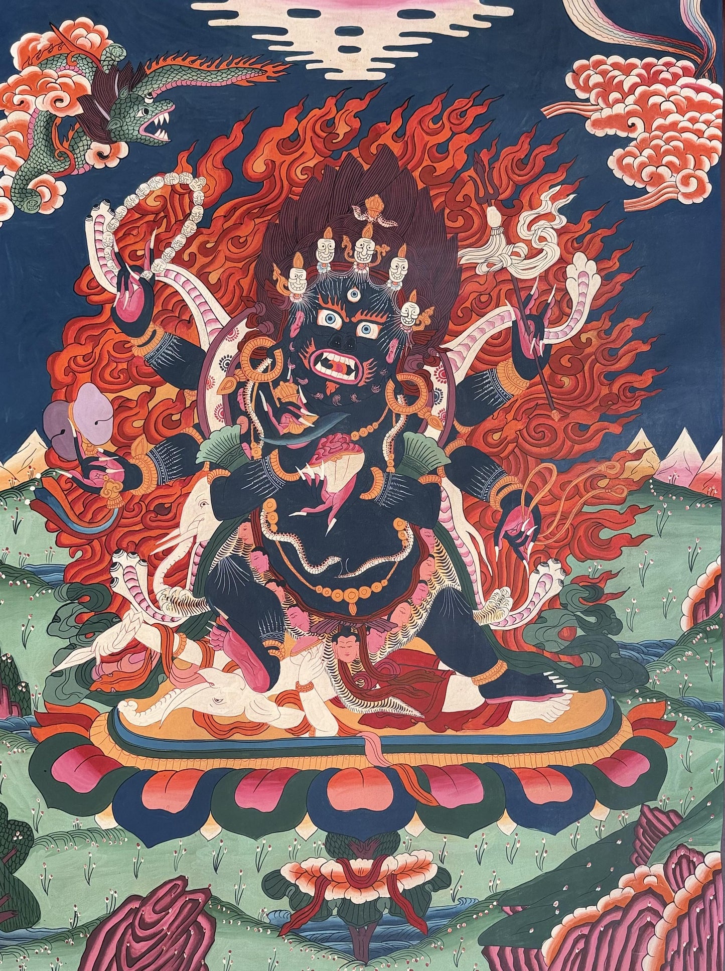 Original Hand-Painted Six-Armed Mahakala Thangka Painting | Large Smoky Tibetan Guardian Deity Art