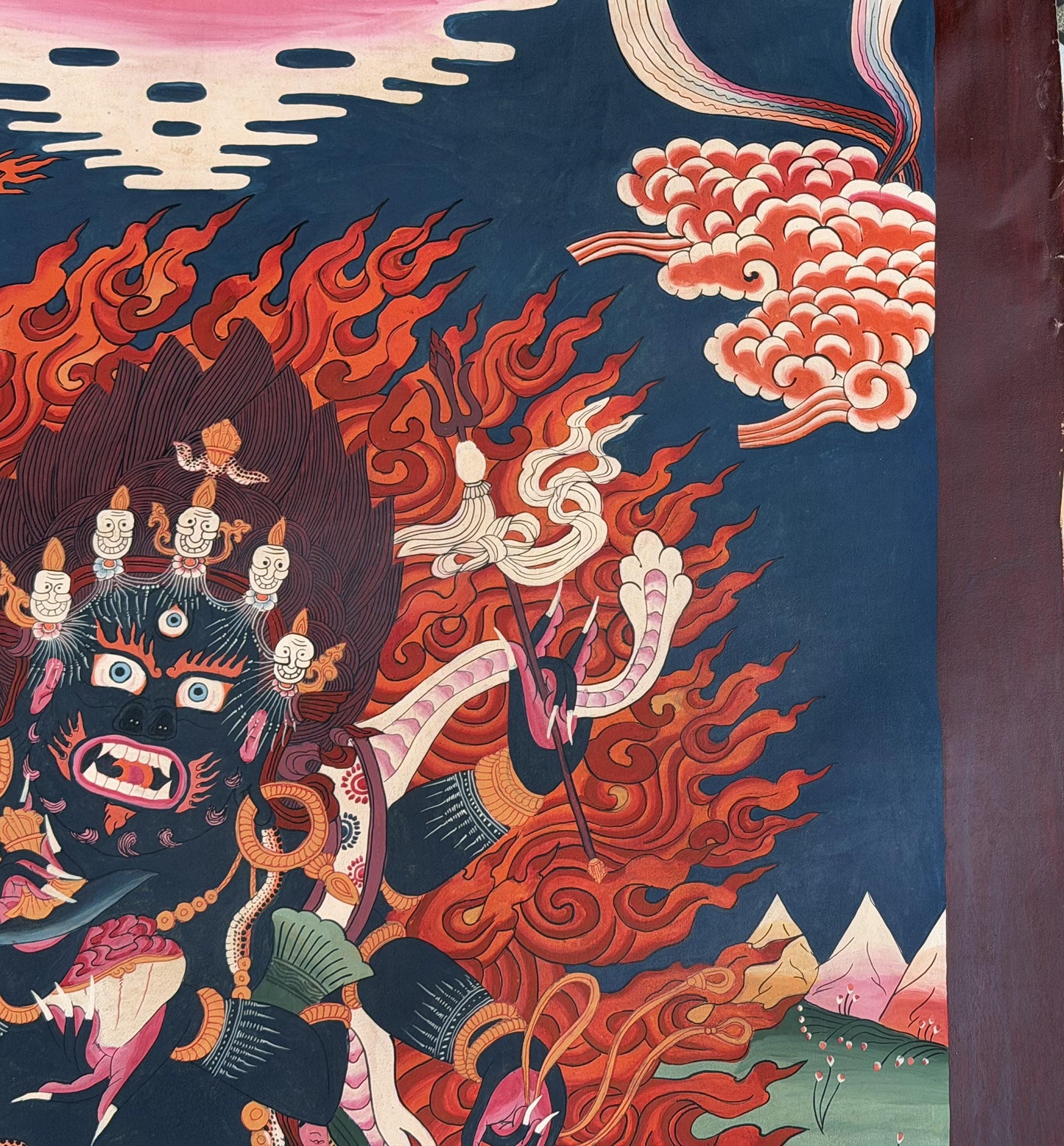 Original Hand-Painted Six-Armed Mahakala Thangka Painting | Large Smoky Tibetan Guardian Deity Art