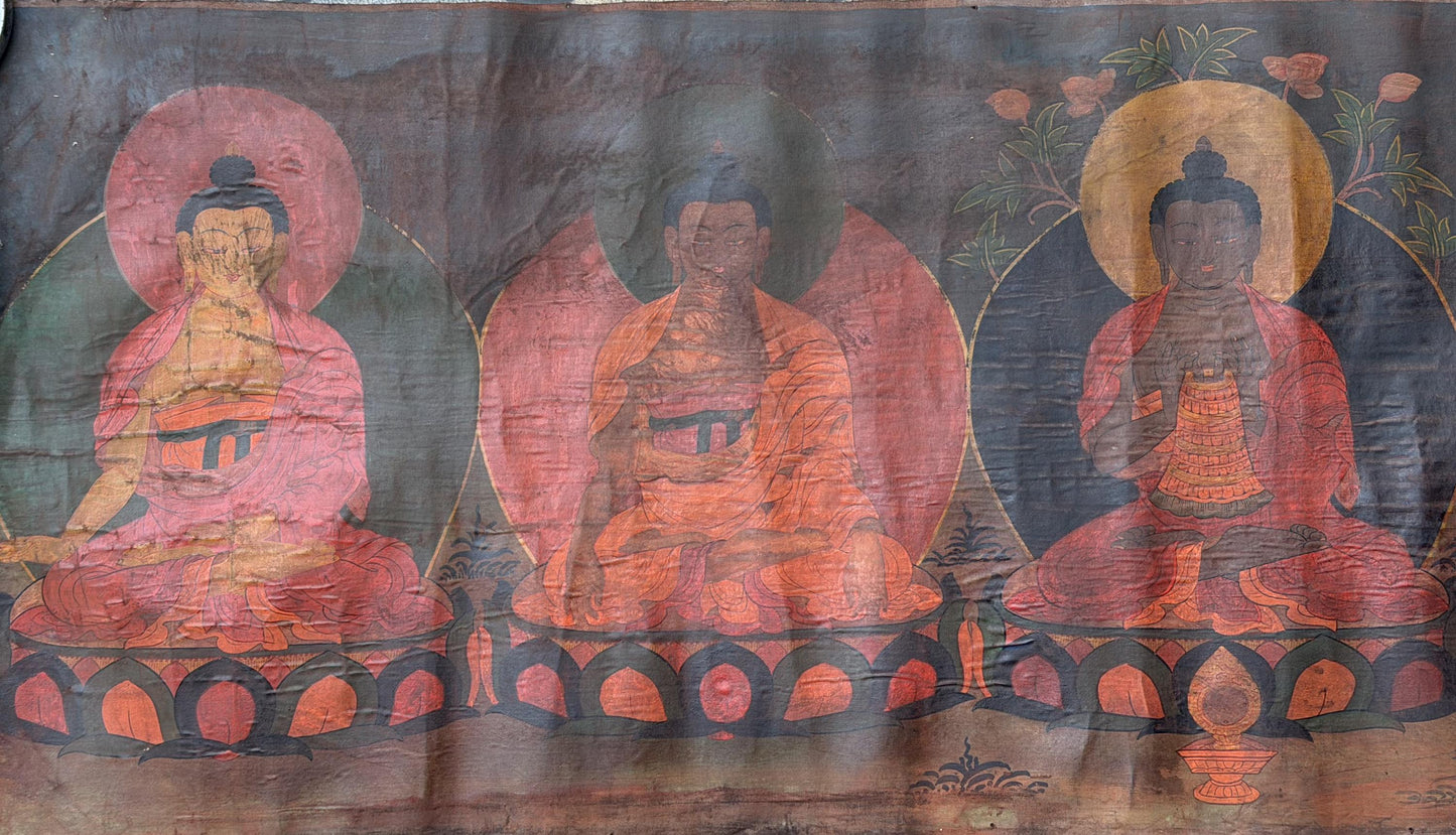 Old Pancha Buddha Tibetan Thangka Painting – Five Dhyani Buddhas Oil Varnished Buddhist Art