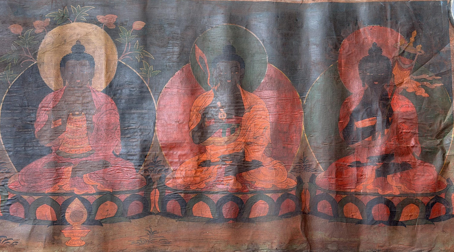 Old Pancha Buddha Tibetan Thangka Painting – Five Dhyani Buddhas Oil Varnished Buddhist Art