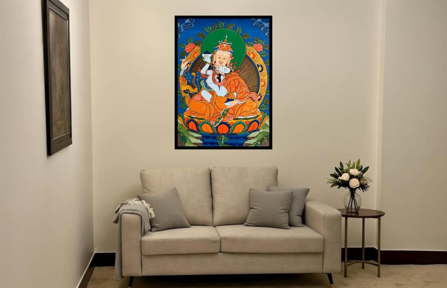 Hand-Painted Guru Rinpoche Thangka with Mandarava - Padmasambhava Tibetan Buddhist Art