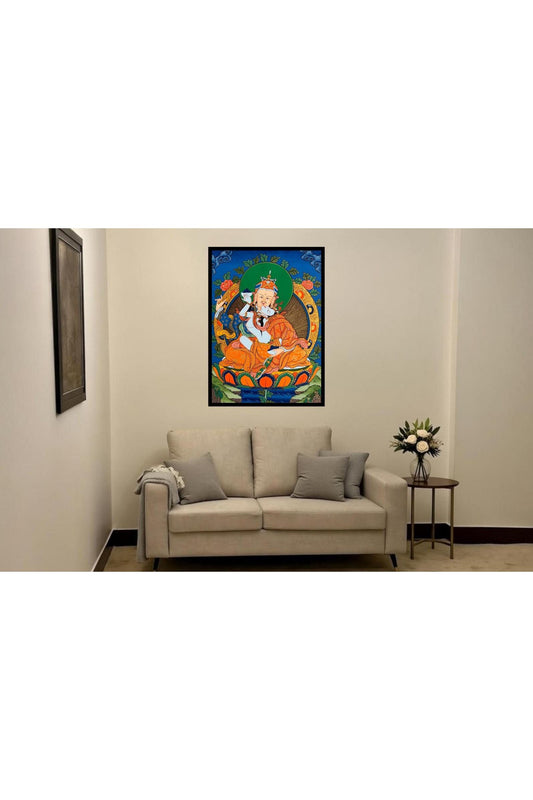 Hand-Painted Guru Rinpoche Thangka with Mandarava - Padmasambhava Tibetan Buddhist Art