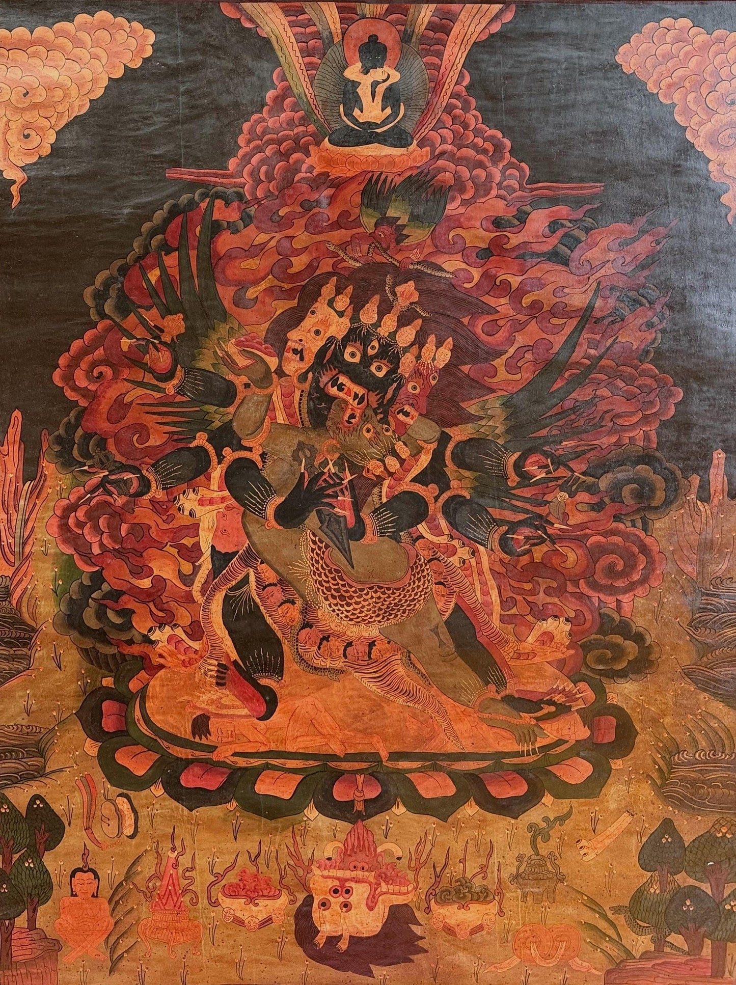 Hand-Painted Vajrakilaya Thangka | Wrathful Tibetan Deity Artwork | Vintage Oil Varnished Large Painting