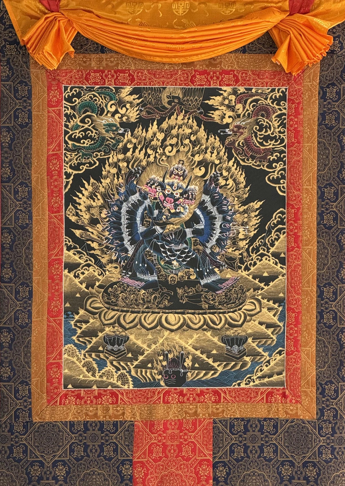 Hand-Painted Yamantaka Thangka | Tibetan Buddhist Protector Art | Silk Brocade