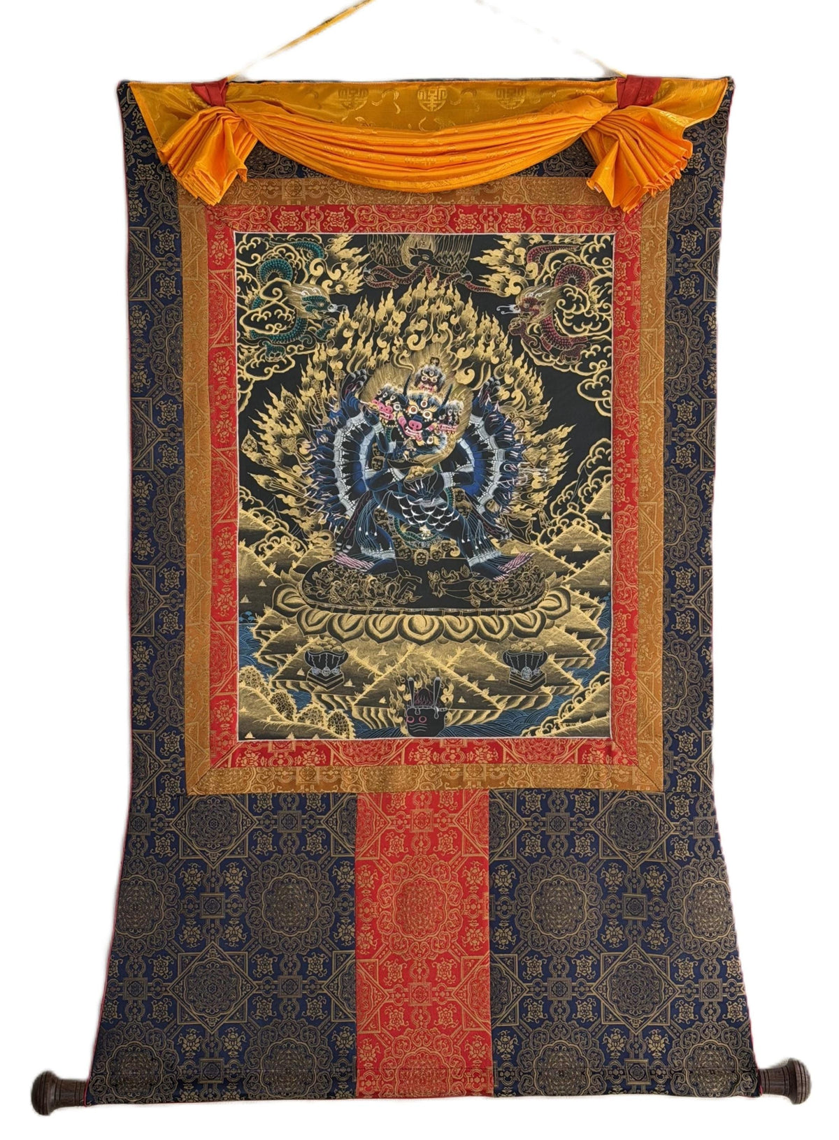 Hand-Painted Yamantaka Thangka | Tibetan Buddhist Protector Art | Silk Brocade