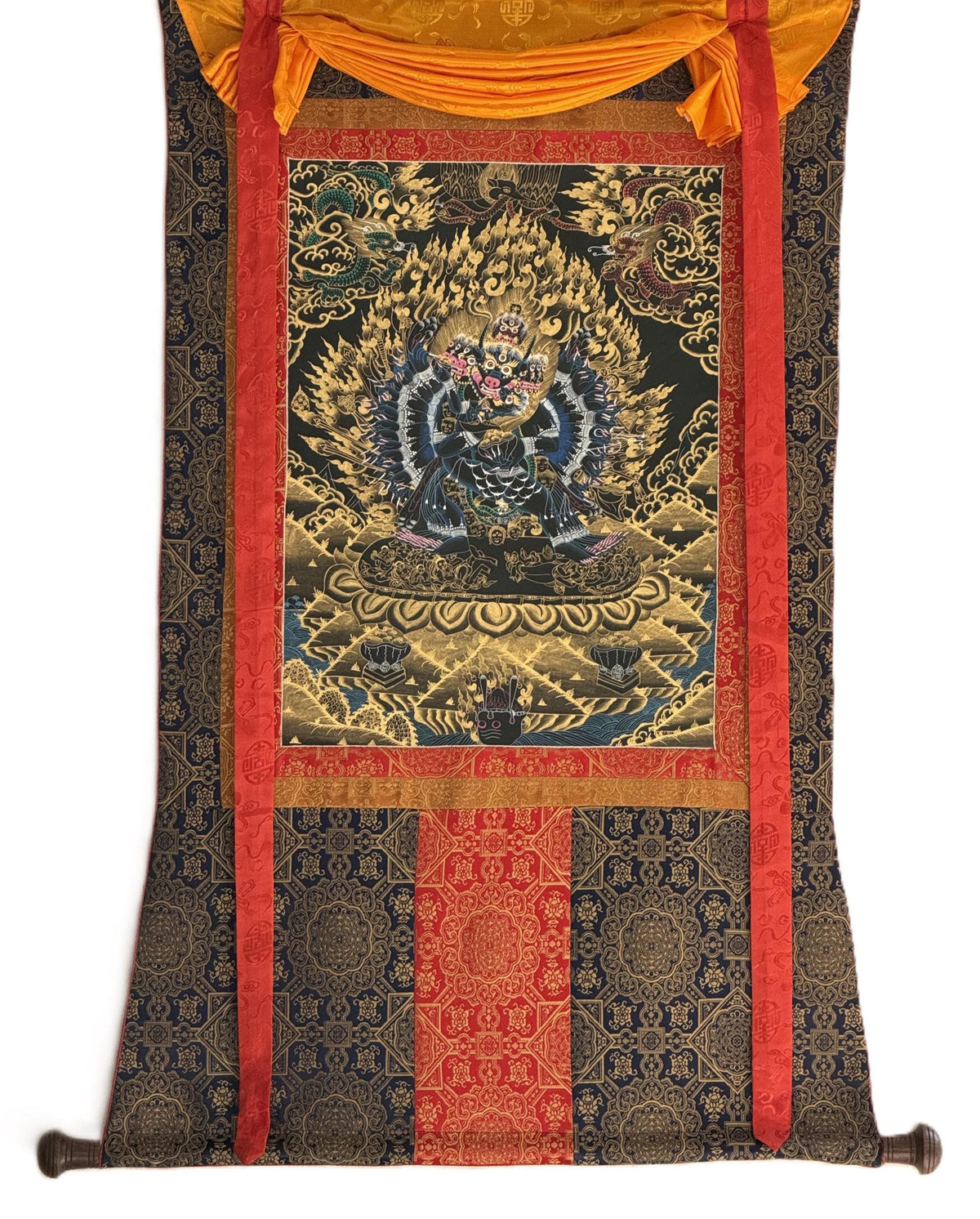 Hand-Painted Yamantaka Thangka | Tibetan Buddhist Protector Art | Silk Brocade