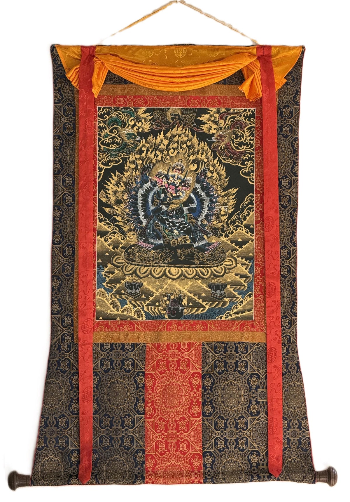 Hand-Painted Yamantaka Thangka | Tibetan Buddhist Protector Art | Silk Brocade