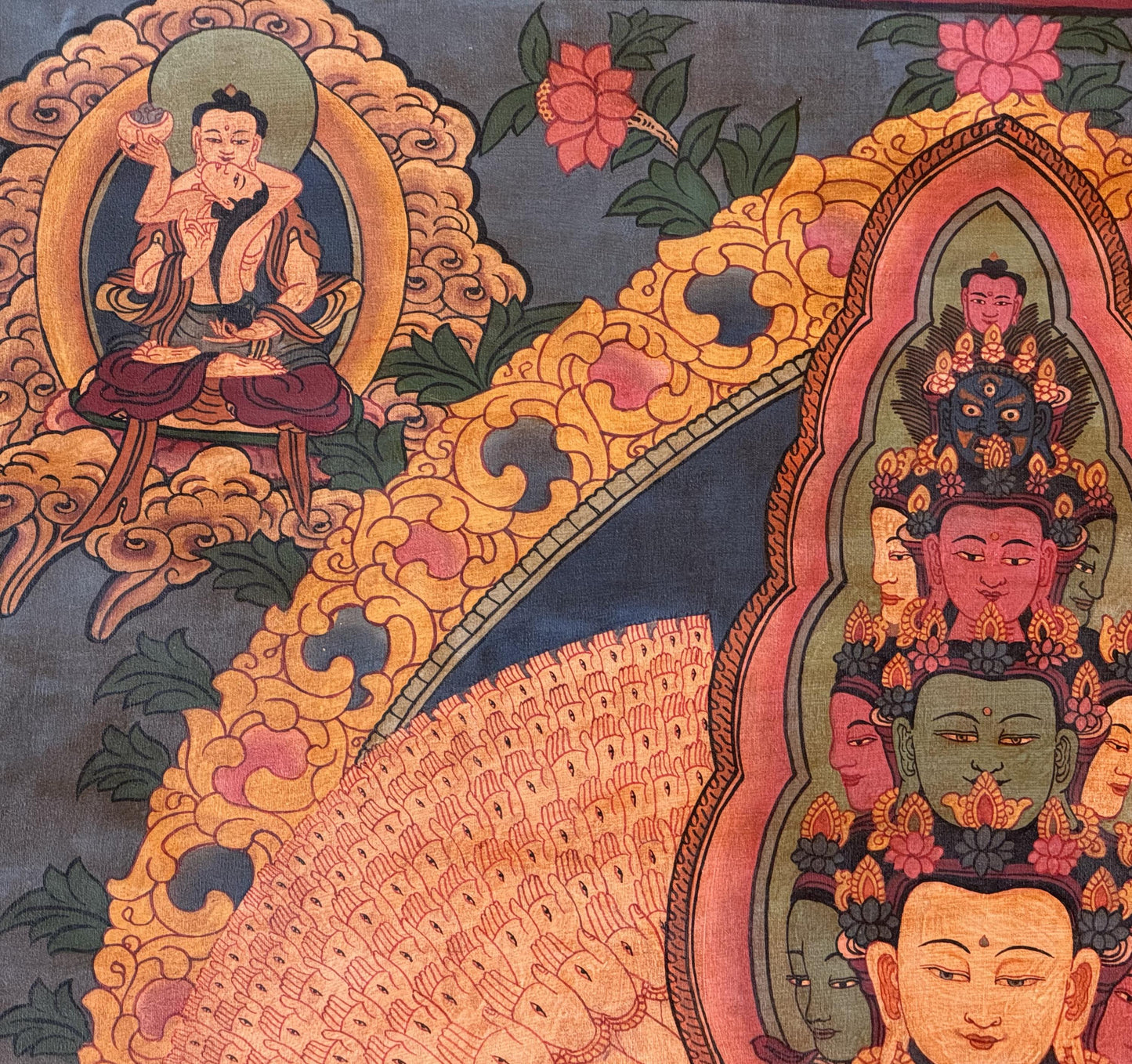 1000-Armed Avalokiteshvara Thangka Painting – Oil-Varnished Tibetan Buddhist Art of Compassion