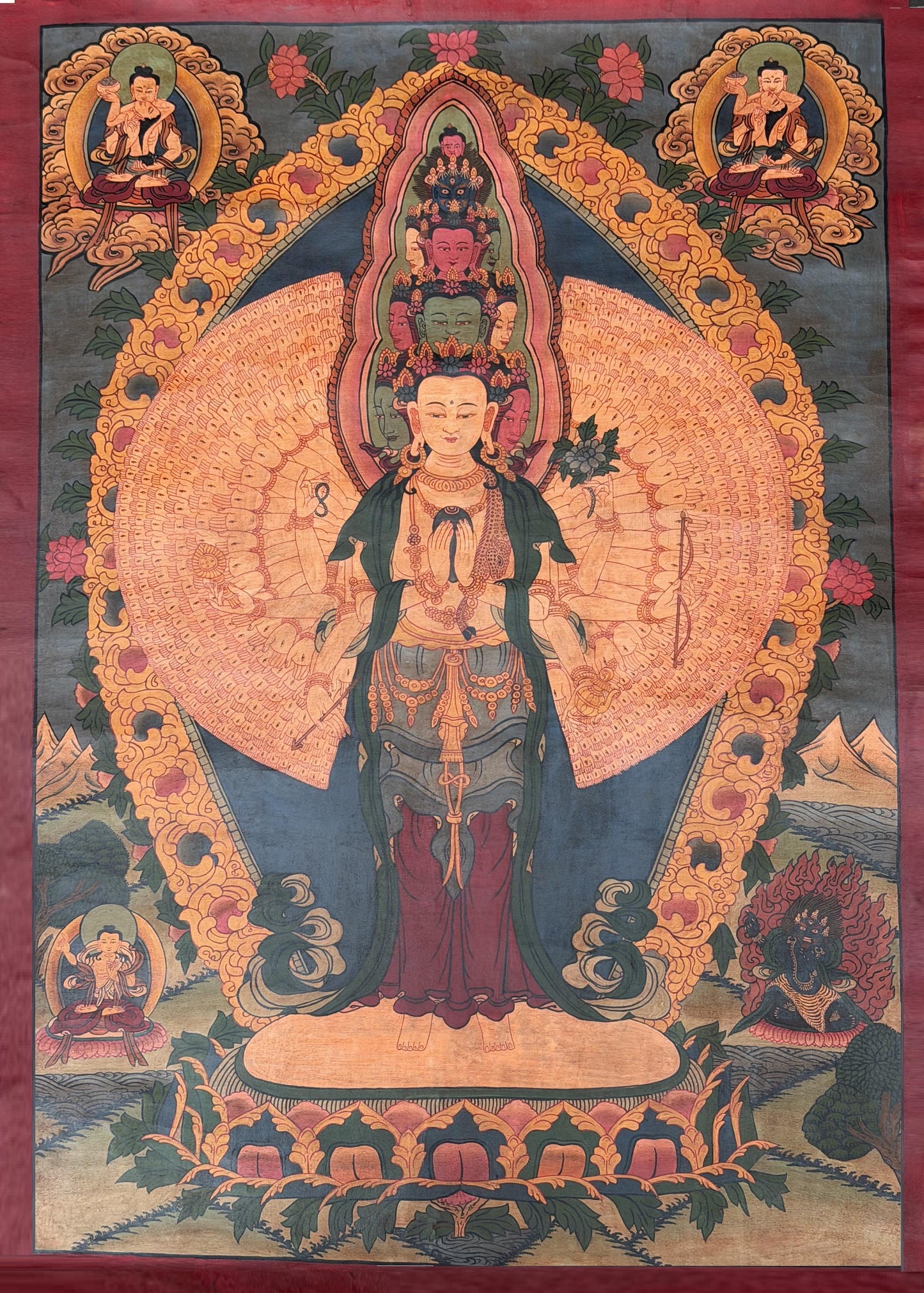 1000-Armed Avalokiteshvara Thangka Painting – Oil-Varnished Tibetan Buddhist Art of Compassion