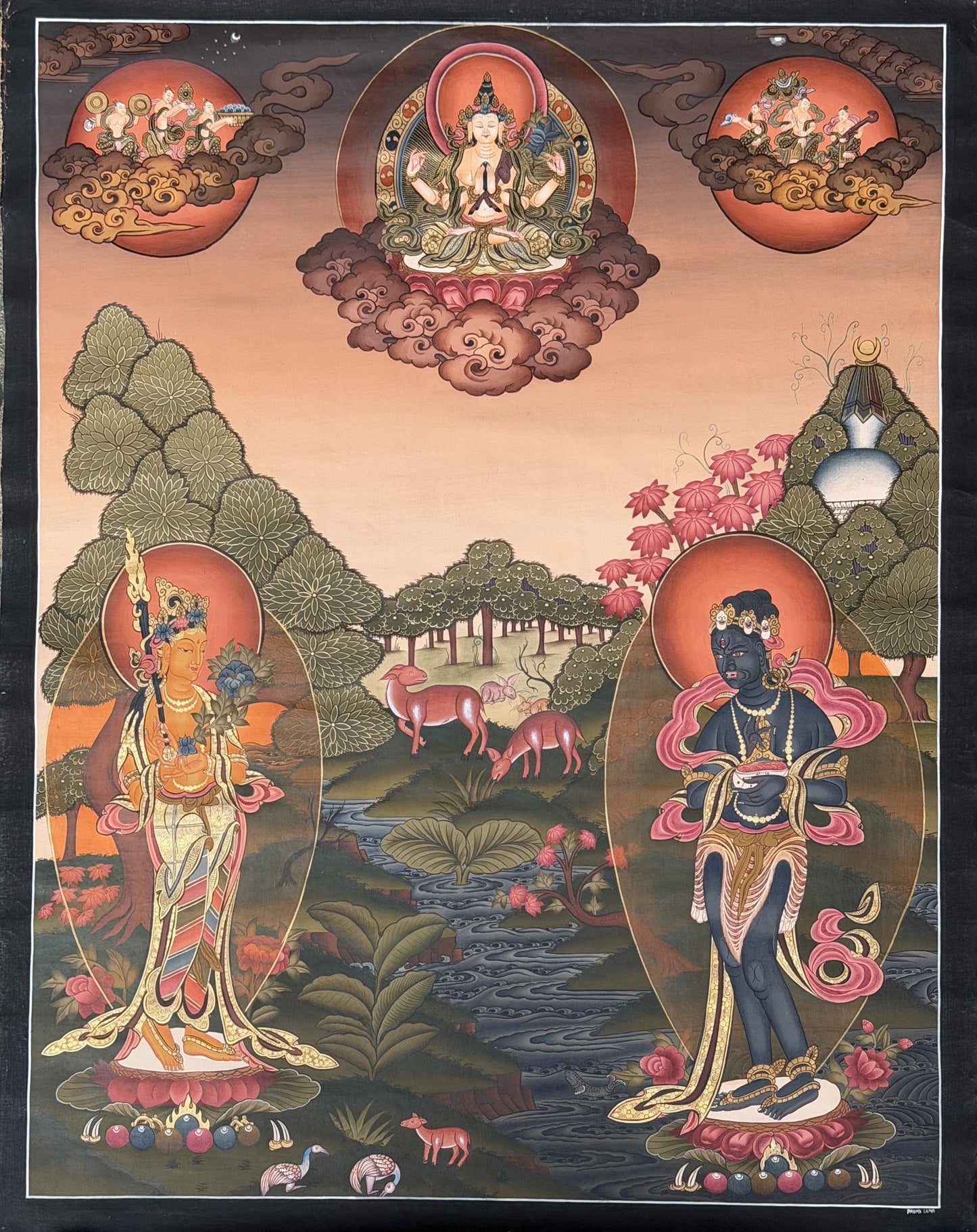 Rig Sung Gompo Thangka Painting – 24K Gold Tibetan Guardian Deity Art – Rare Hand-Painted Masterpiece