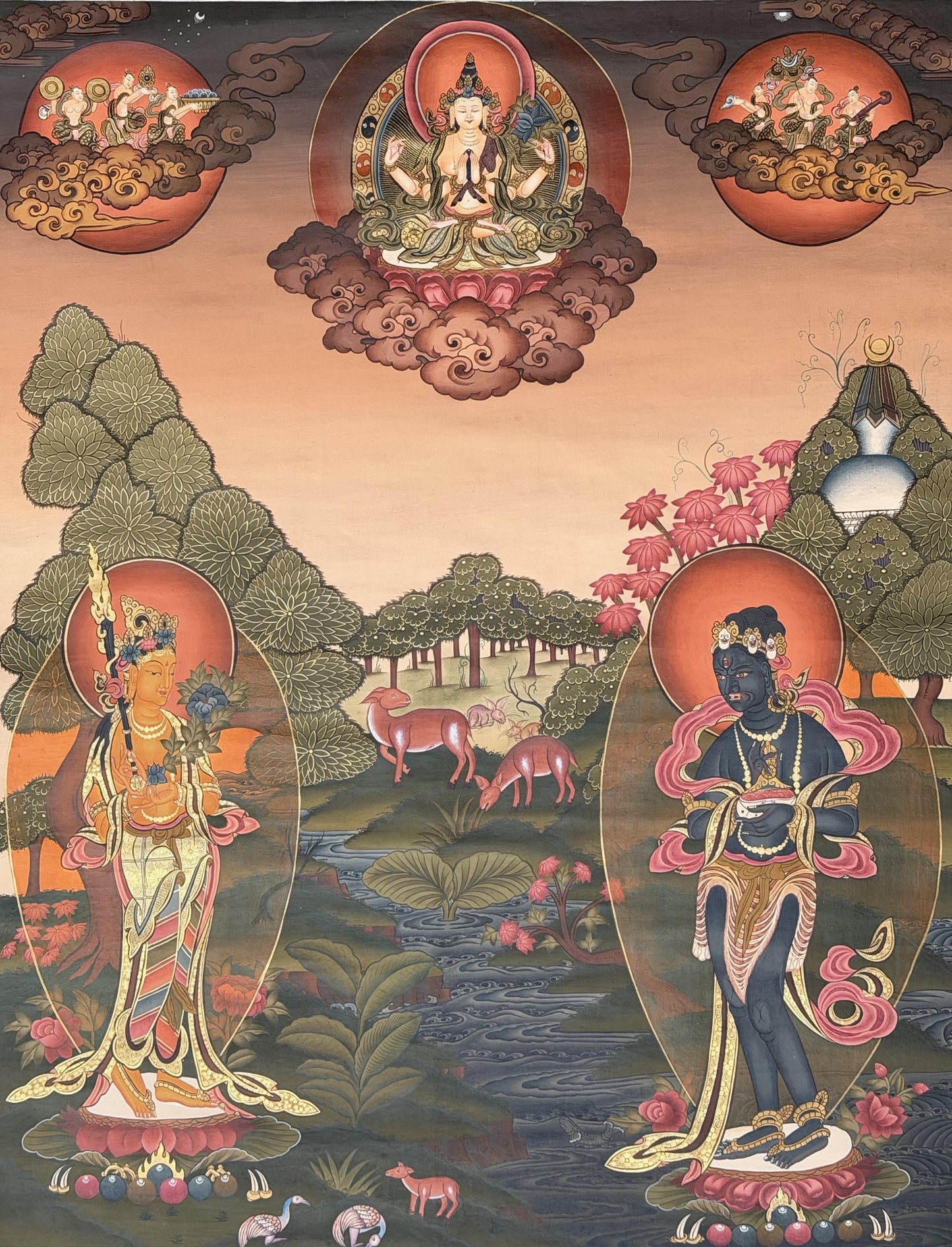 Rig Sung Gompo Thangka Painting – 24K Gold Tibetan Guardian Deity Art – Rare Hand-Painted Masterpiece