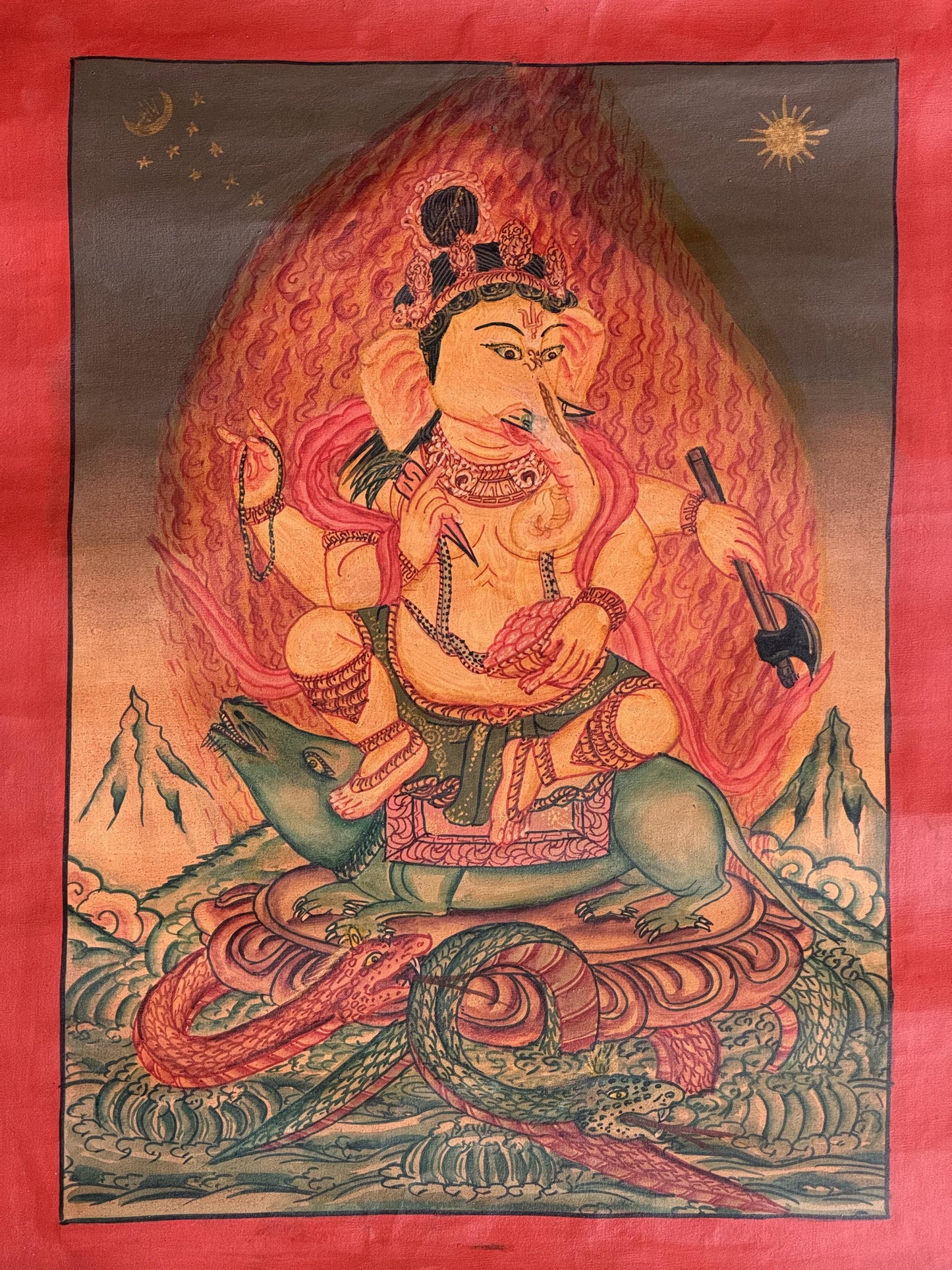 Original Hand-Painted Lord Ganesha Thangka Painting – Oil Varnished Newari Paubha Sacred Art