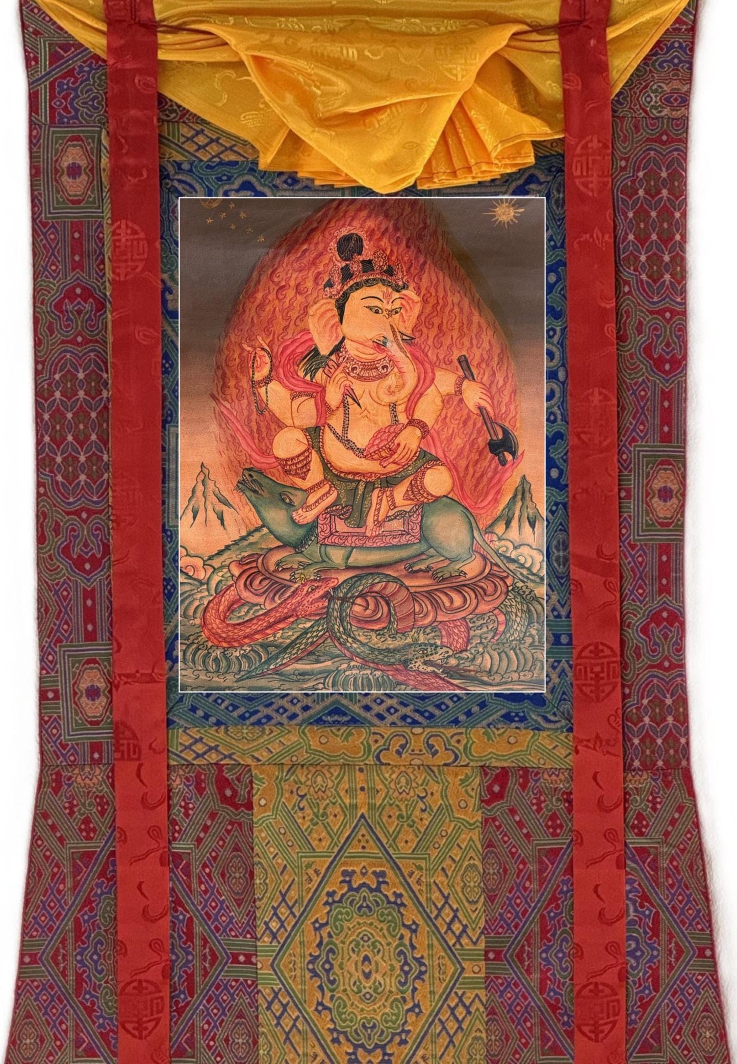 Original Hand-Painted Lord Ganesha Thangka Painting – Oil Varnished Newari Paubha Sacred Art