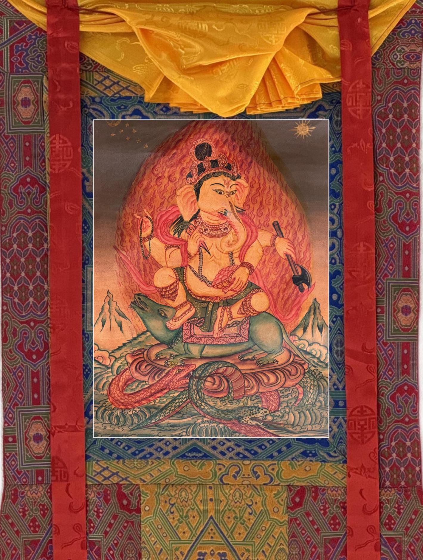 Original Hand-Painted Lord Ganesha Thangka Painting – Oil Varnished Newari Paubha Sacred Art