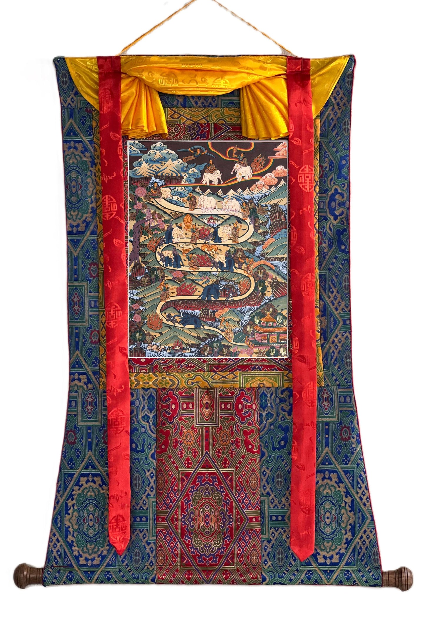 Hand-Painted Samatha Meditation Tibetan Thangka Painting with Silk Brocade