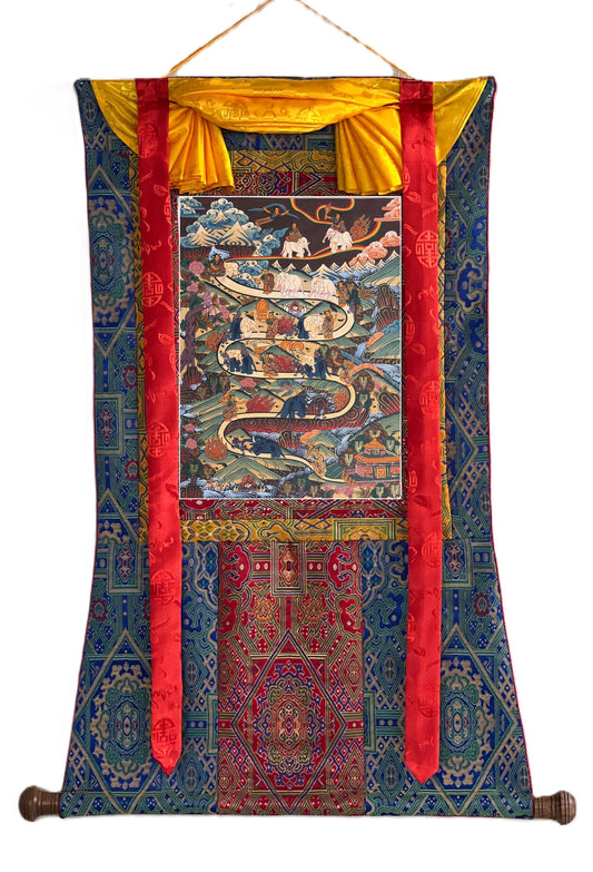 Hand-Painted Samatha Meditation Tibetan Thangka Painting with Silk Brocade