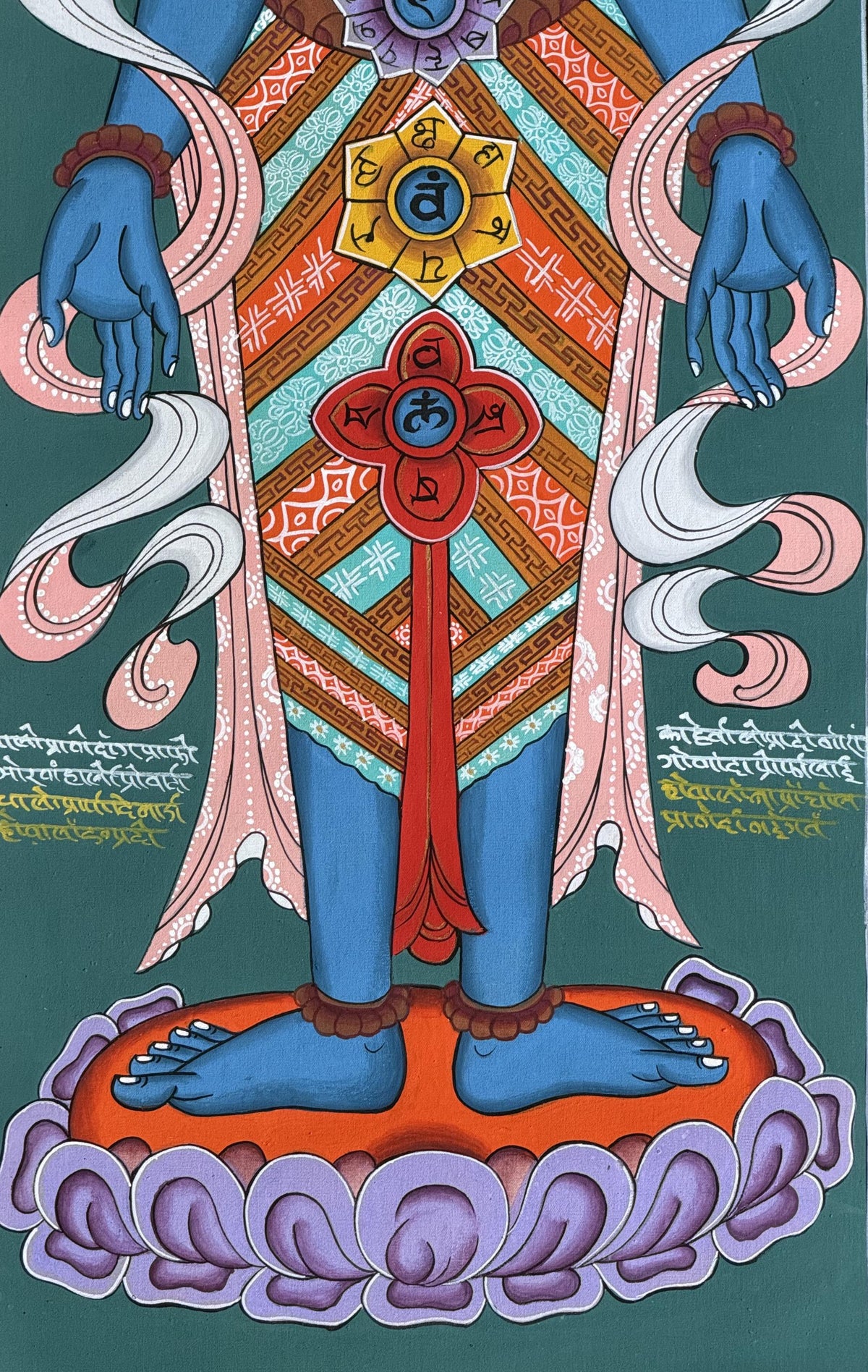 Seven Chakras Thangka Painting, Kundalini Art with Silk Brocade