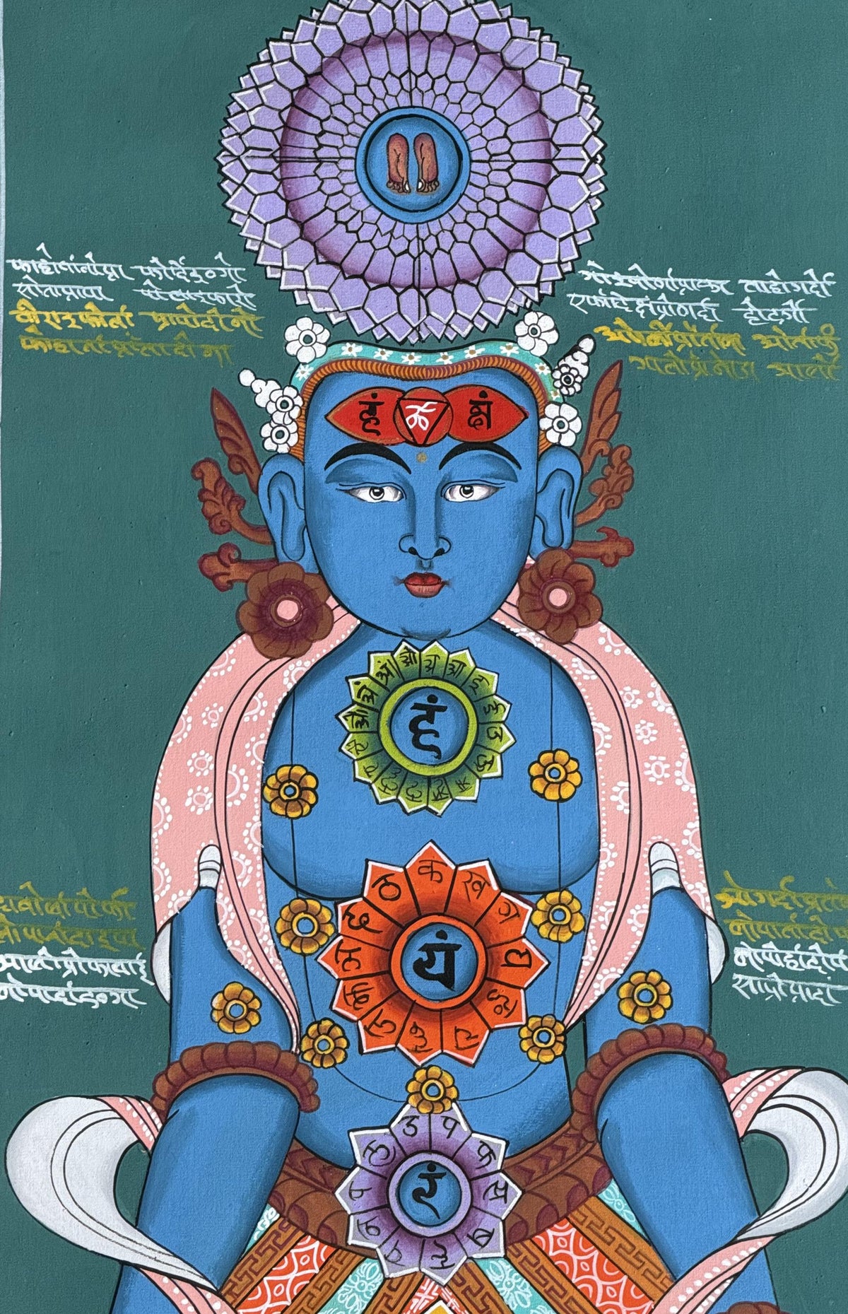 Seven Chakras Thangka Painting, Kundalini Art with Silk Brocade