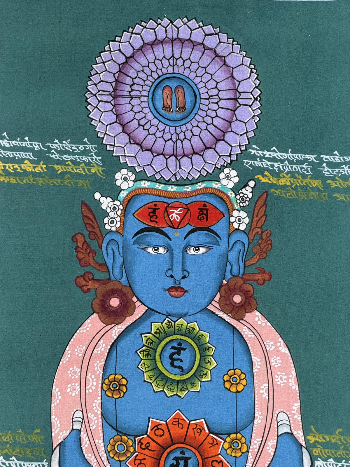 Seven Chakras Thangka Painting, Kundalini Art with Silk Brocade