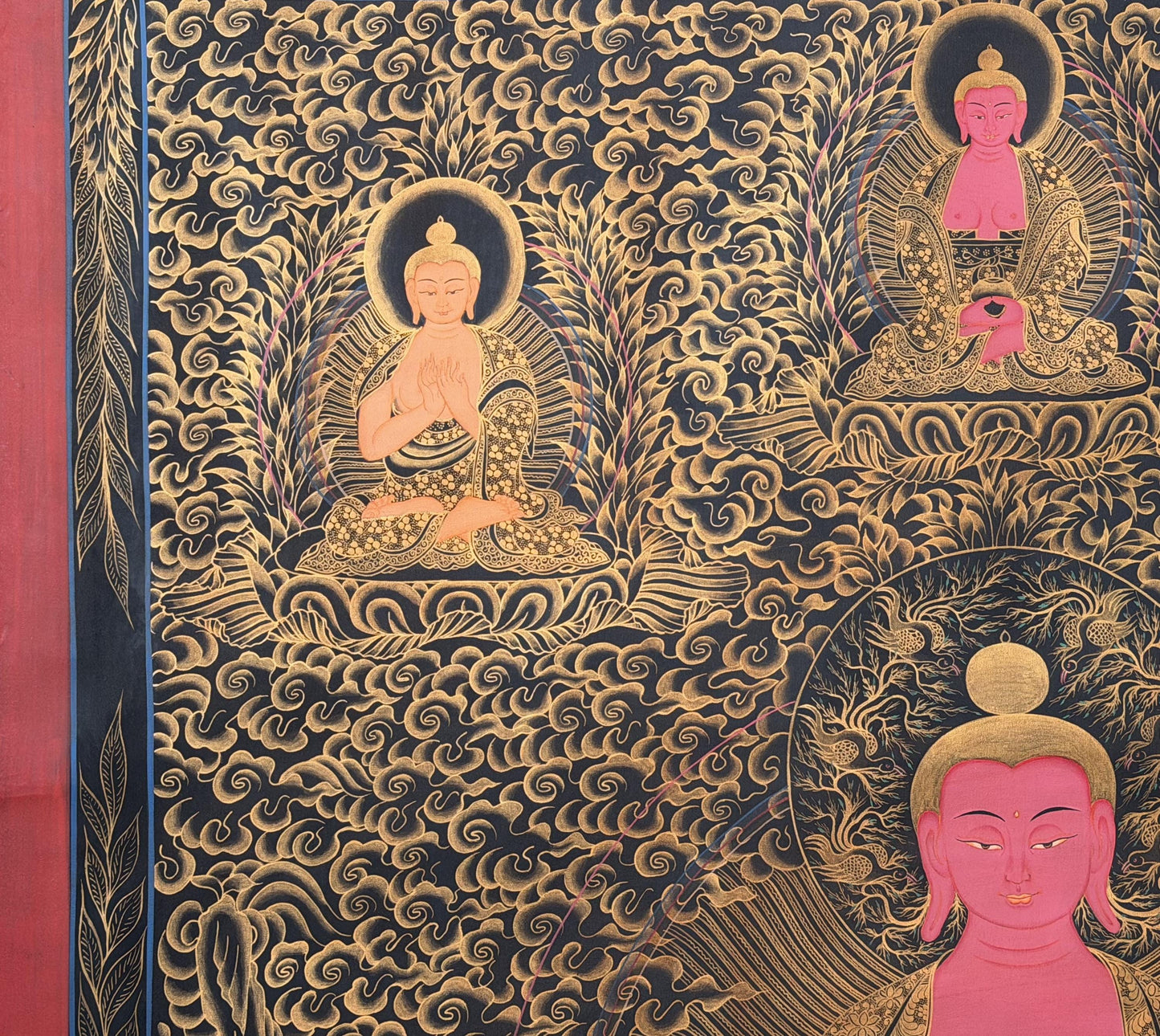 Large Pancha Buddha Thangka Painting | Hand-Painted Oil Varnished Tibetan Art
