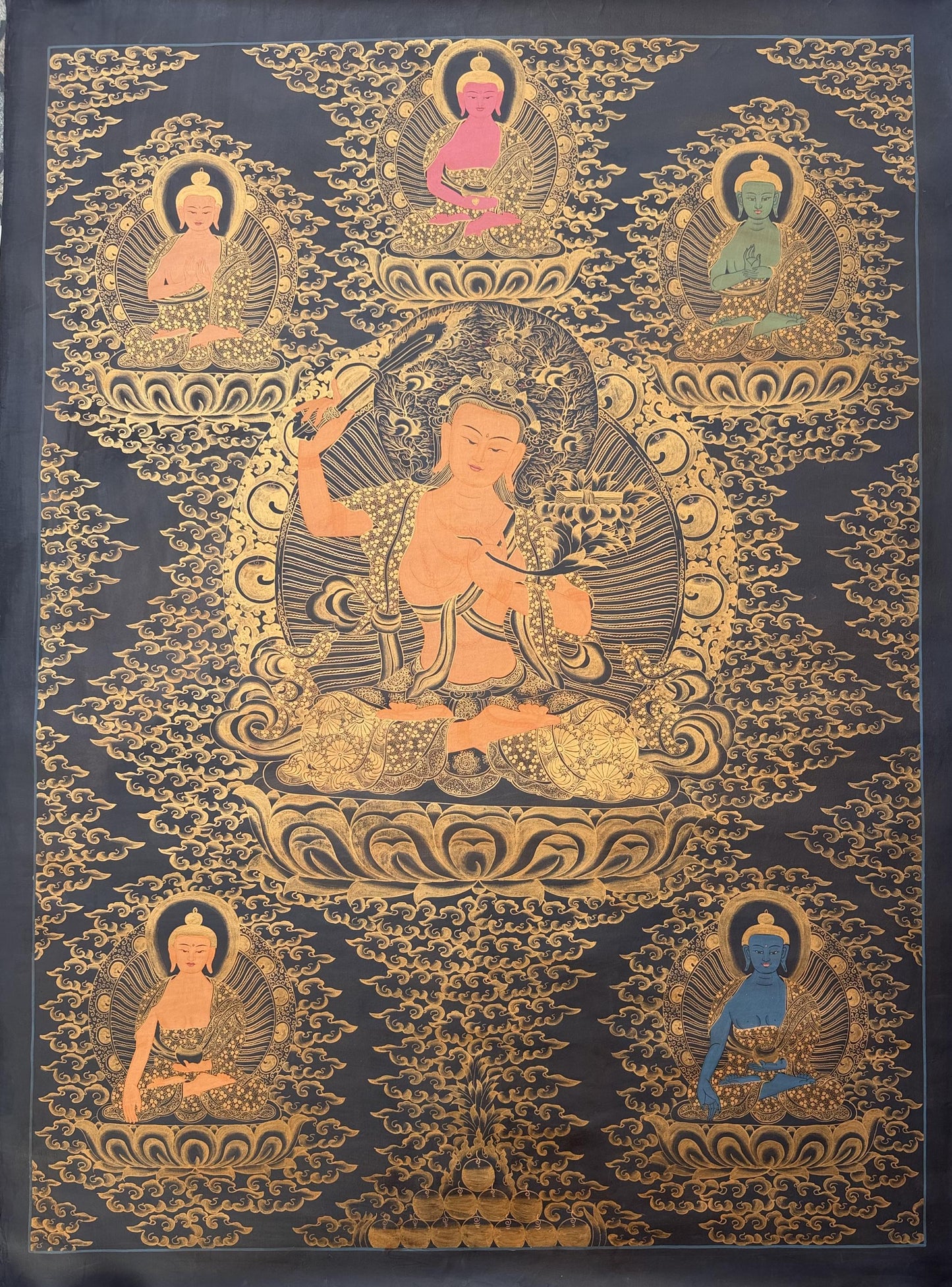 Large Panch Buddha Manjushri Thangka Painting – Black & Gold Oil Varnished Tibetan Art