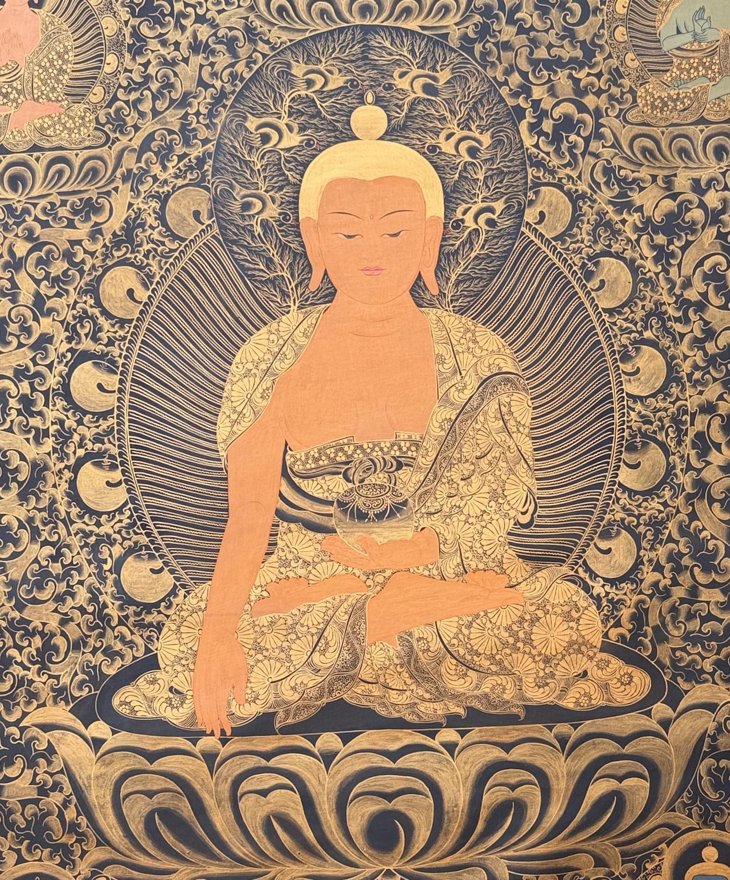 Hand-Painted Large Pancha Buddha Thangka – Black & Gold Oil-Varnished Tibetan Art