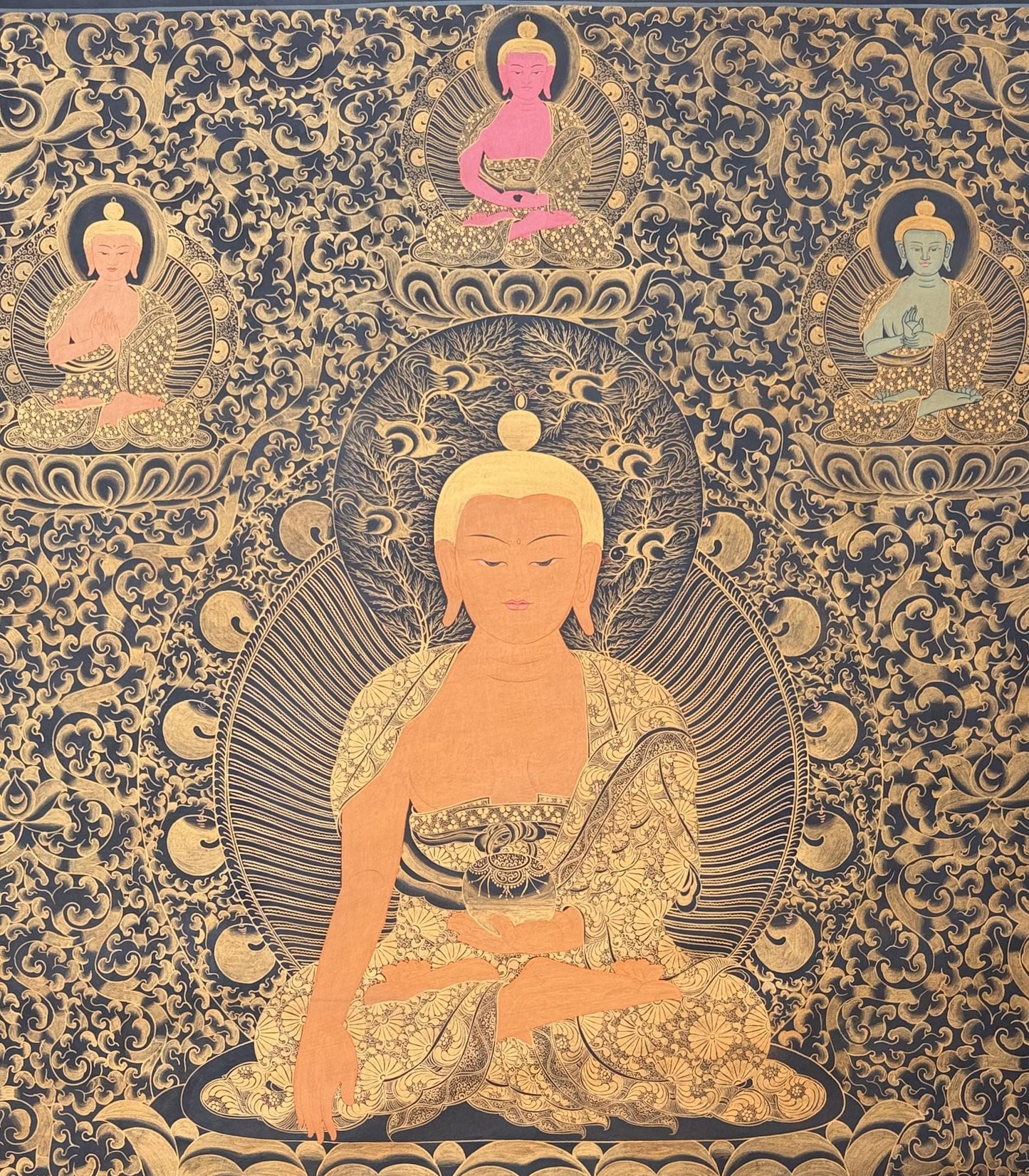 Hand-Painted Large Pancha Buddha Thangka – Black & Gold Oil-Varnished Tibetan Art