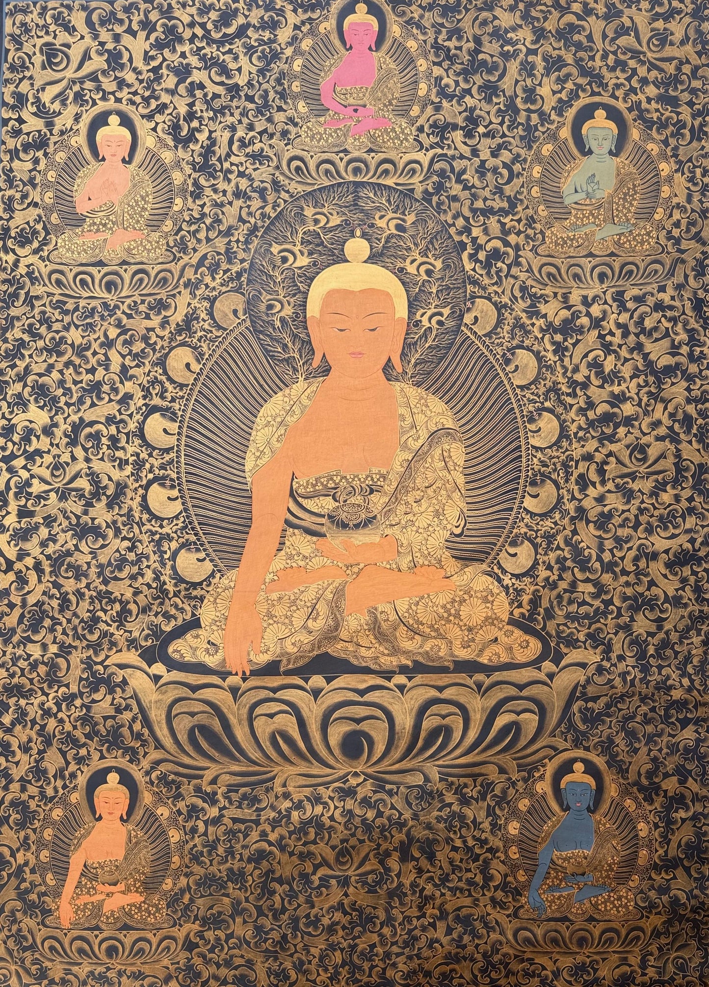 Hand-Painted Large Pancha Buddha Thangka – Black & Gold Oil-Varnished Tibetan Art