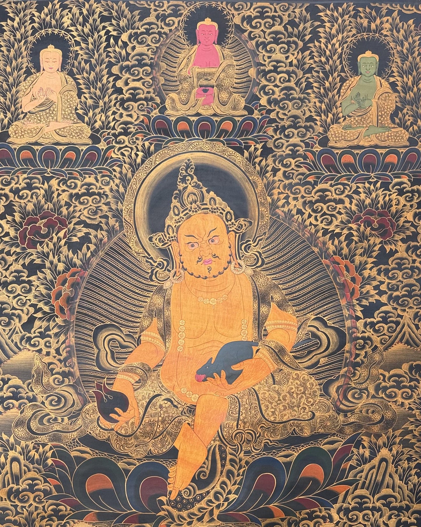 Pancha Buddha Jambhala Thangka Painting – Black and Gold, Large Oil Varnished Tibetann Art