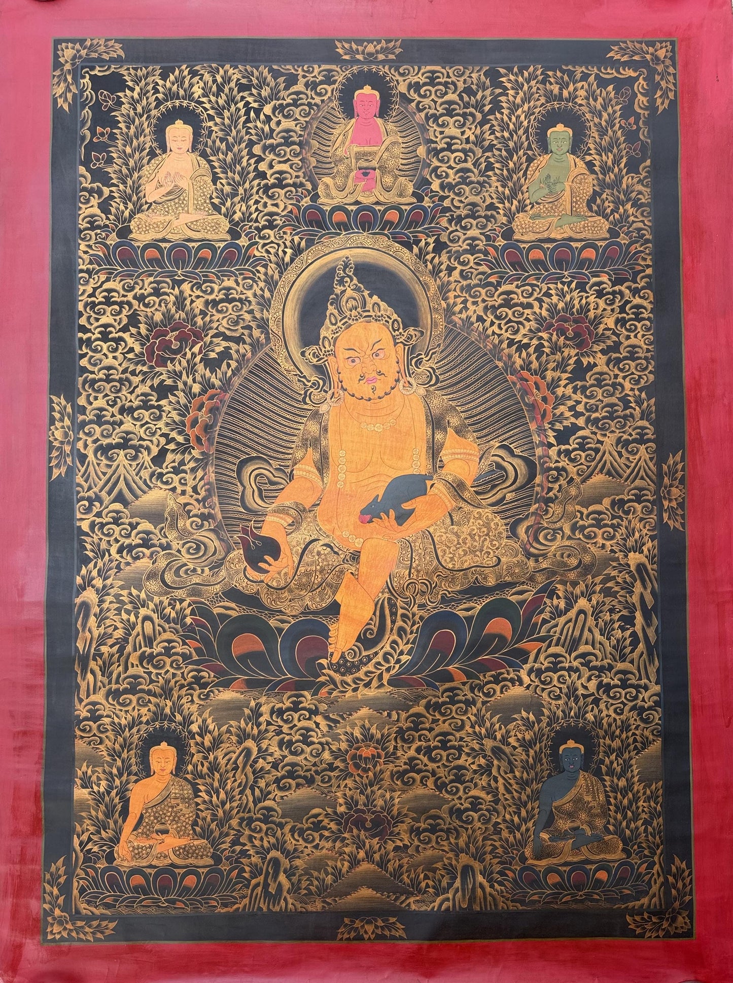 Pancha Buddha Jambhala Thangka Painting – Black and Gold, Large Oil Varnished Tibetann Art