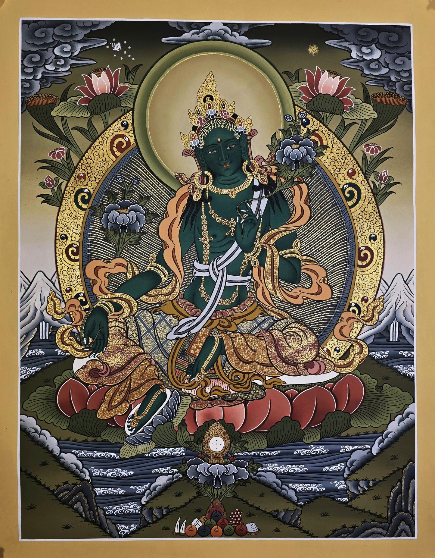 Hand-Painted 24 Karat Gold Green Tara Tibetan Thangka Painting