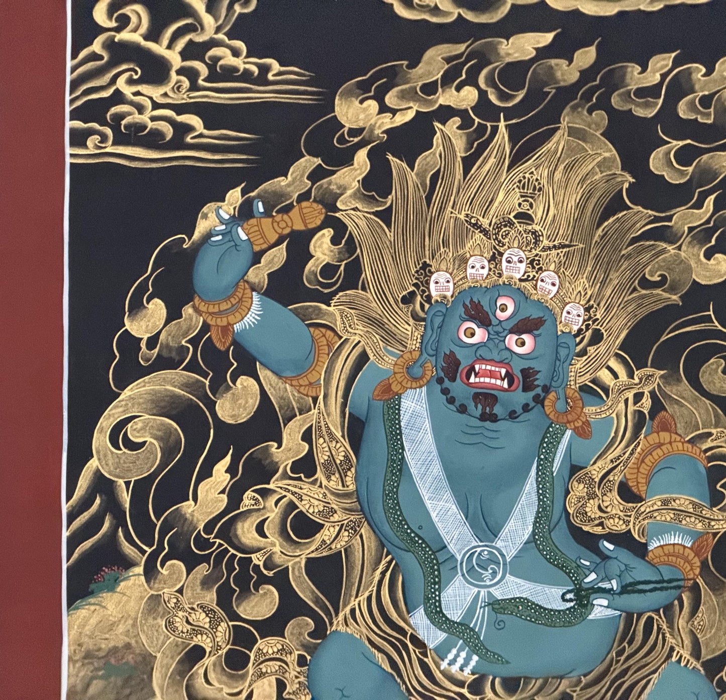 Hand-Painted Black and Gold Vajrapani Thangka Painting - Wrathful Tibetan Protector Bodhisattva Art