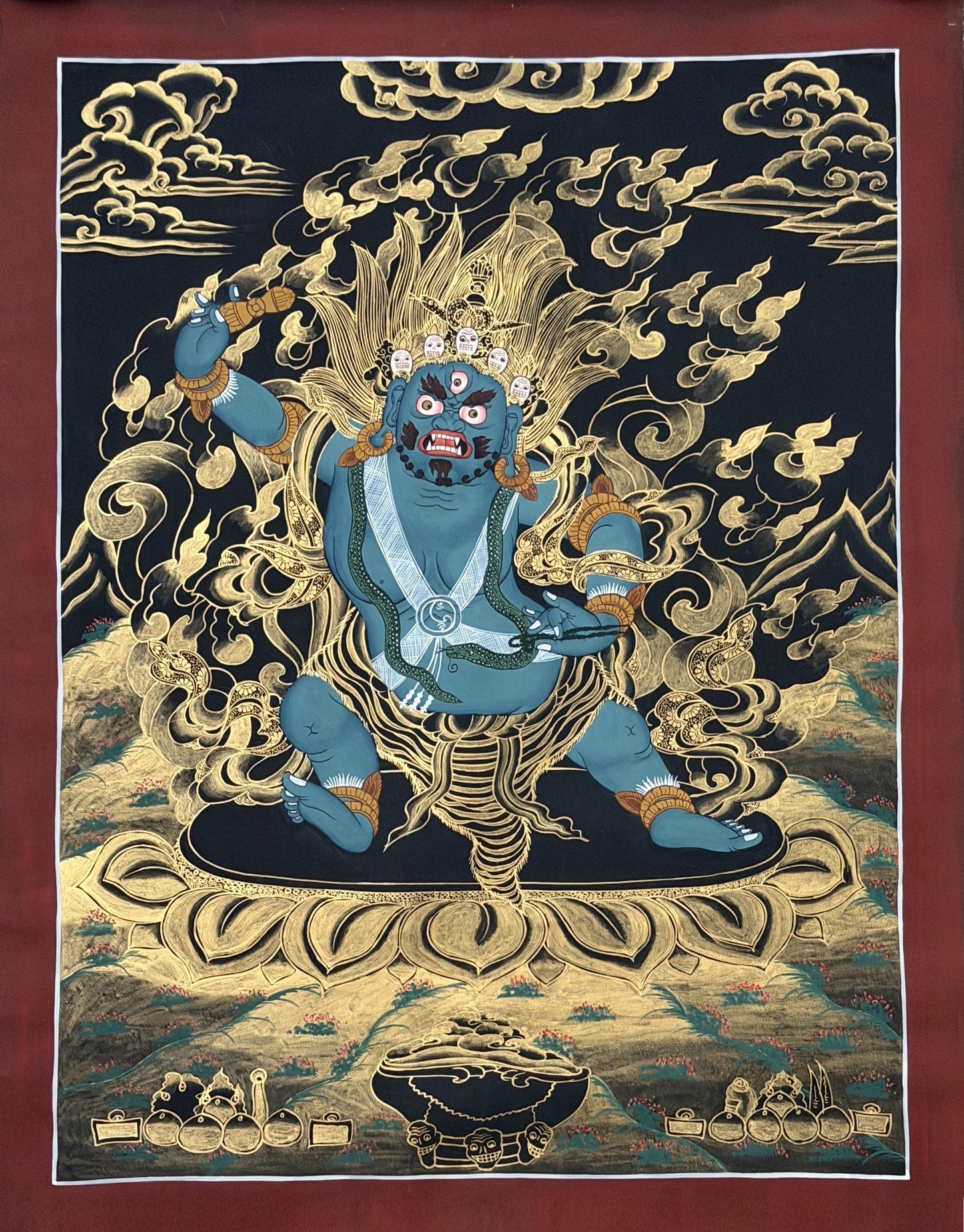 Hand-Painted Black and Gold Vajrapani Thangka Painting - Wrathful Tibetan Protector Bodhisattva Art