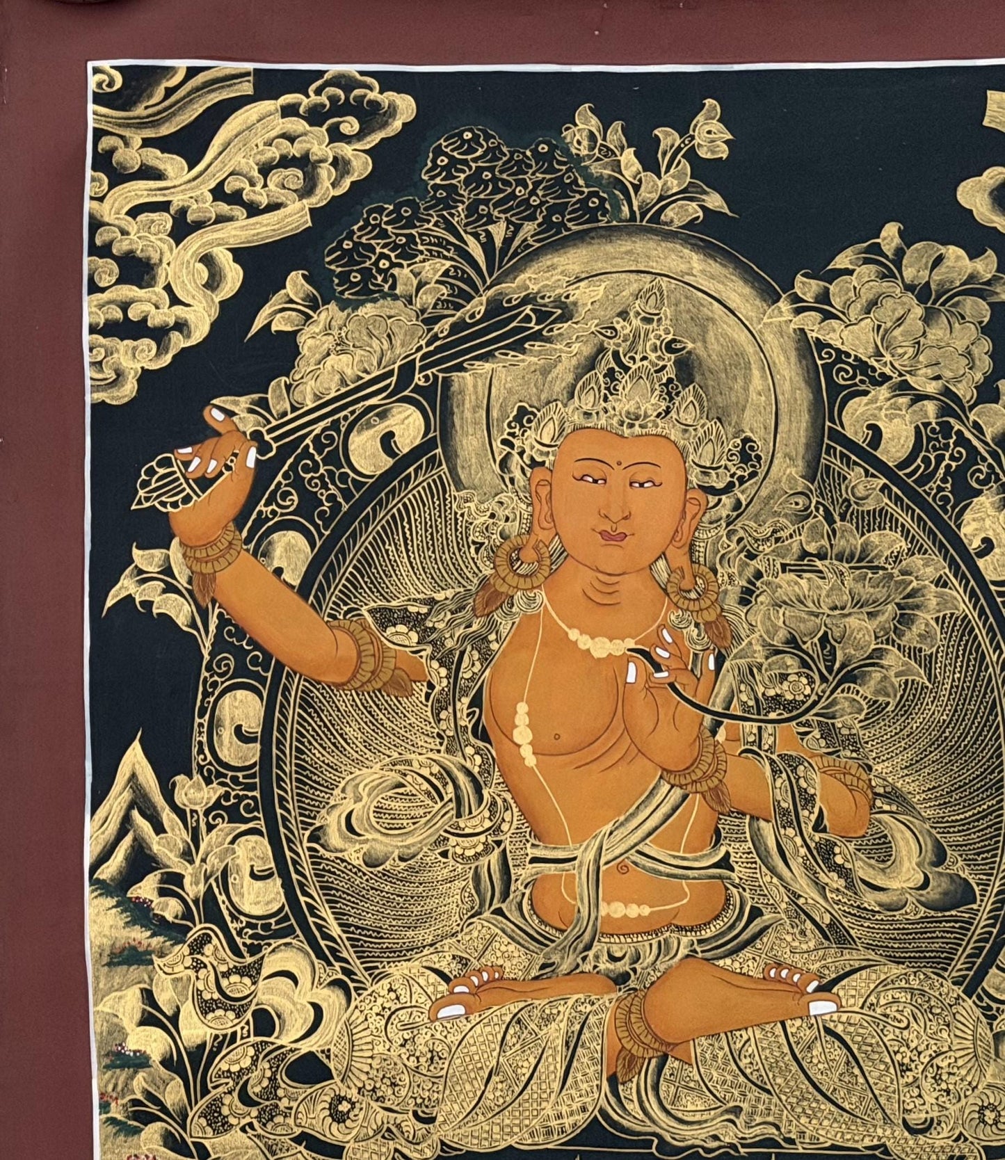 Hand-Painted Black and Gold Manjushri Thangka with Silk Brocade - Tibetan Bodhisattva of Wisdom Art