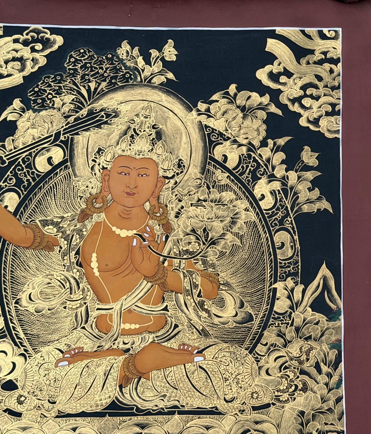 Hand-Painted Black and Gold Manjushri Thangka with Silk Brocade - Tibetan Bodhisattva of Wisdom Art