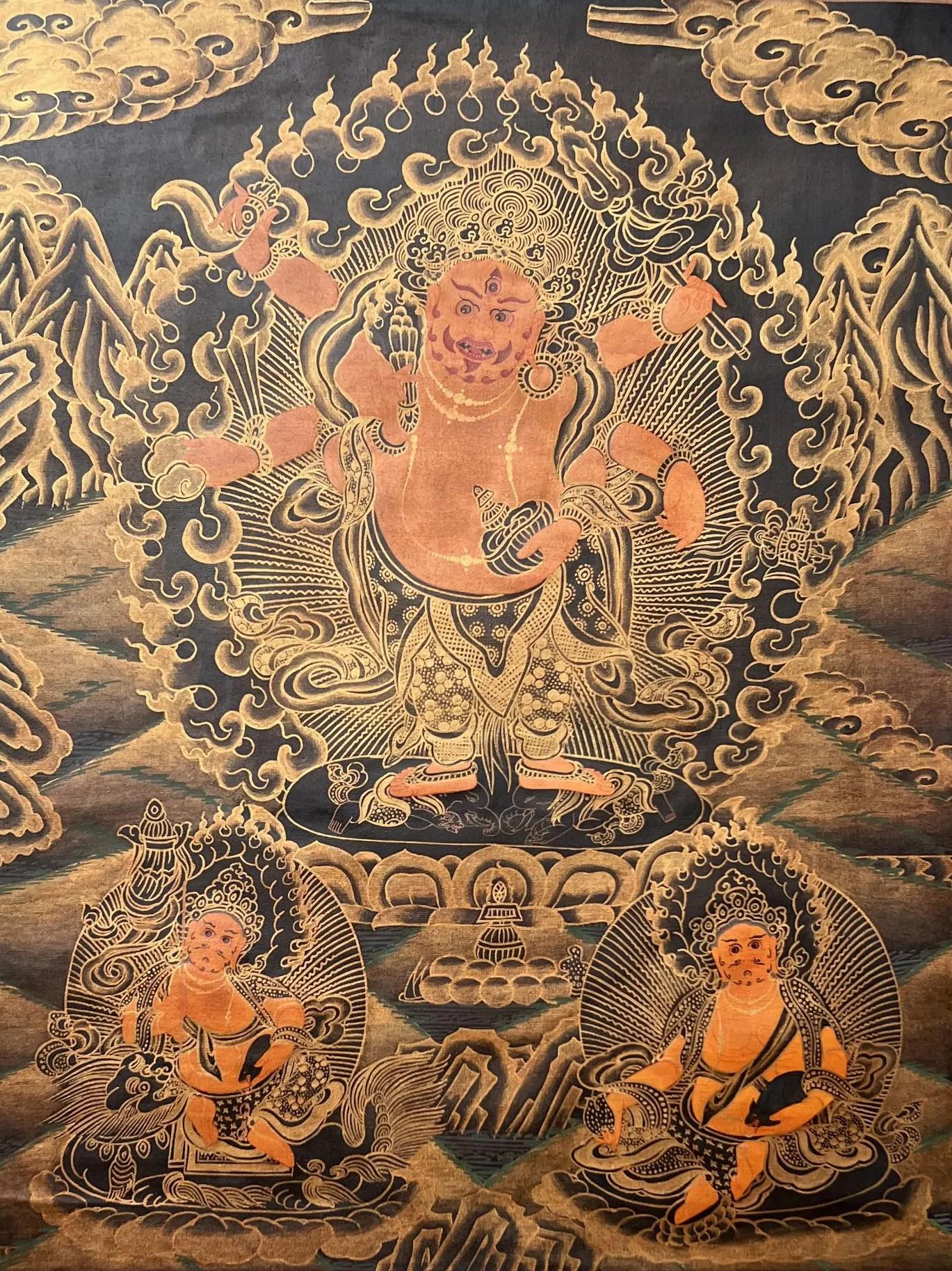 Hand-Painted White Mahakala Thangka with Silk Brocade - Six-Armed Wish-Granting Tibetan Protector Deity- Oil Varnished