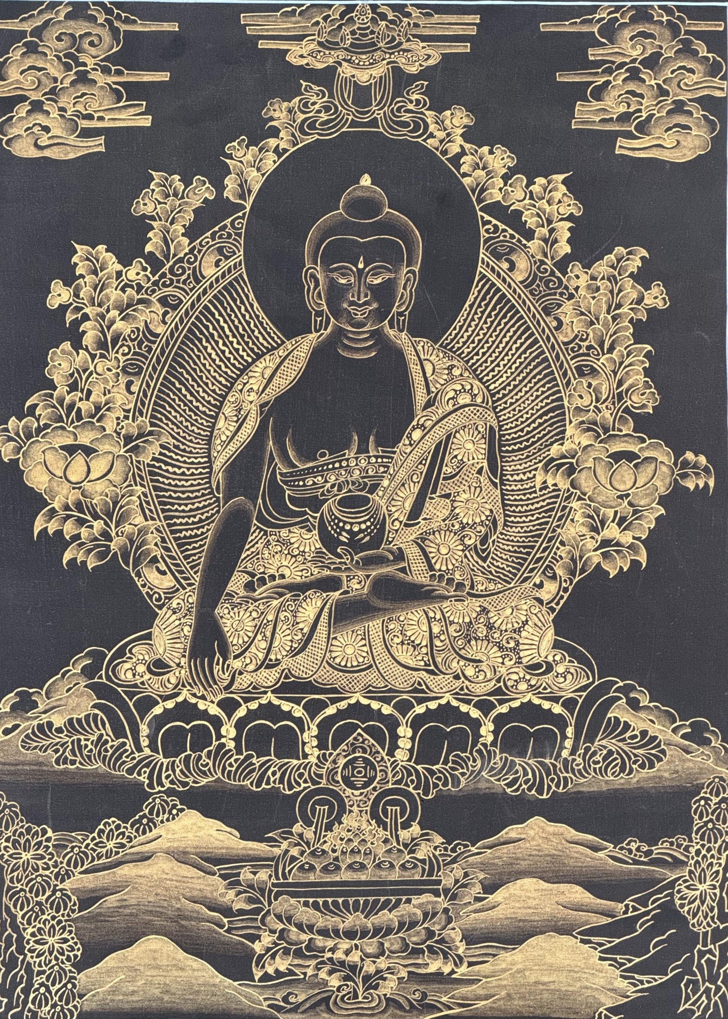 Black and Gold Shakyamuni Buddha Thangka Painting | Traditional Tibetan Buddhist Wall Art