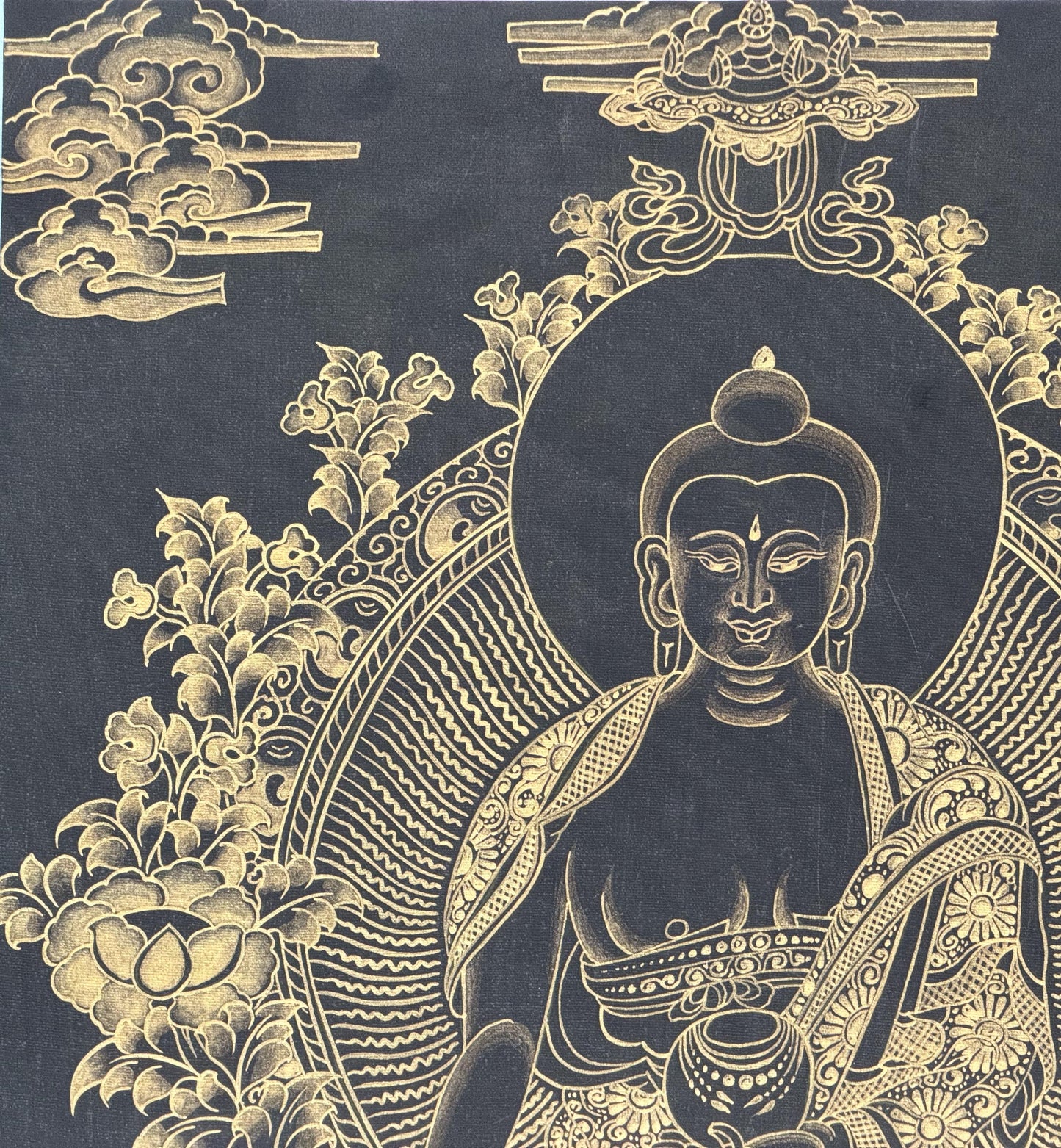 Black and Gold Shakyamuni Buddha Thangka Painting | Traditional Tibetan Buddhist Wall Art