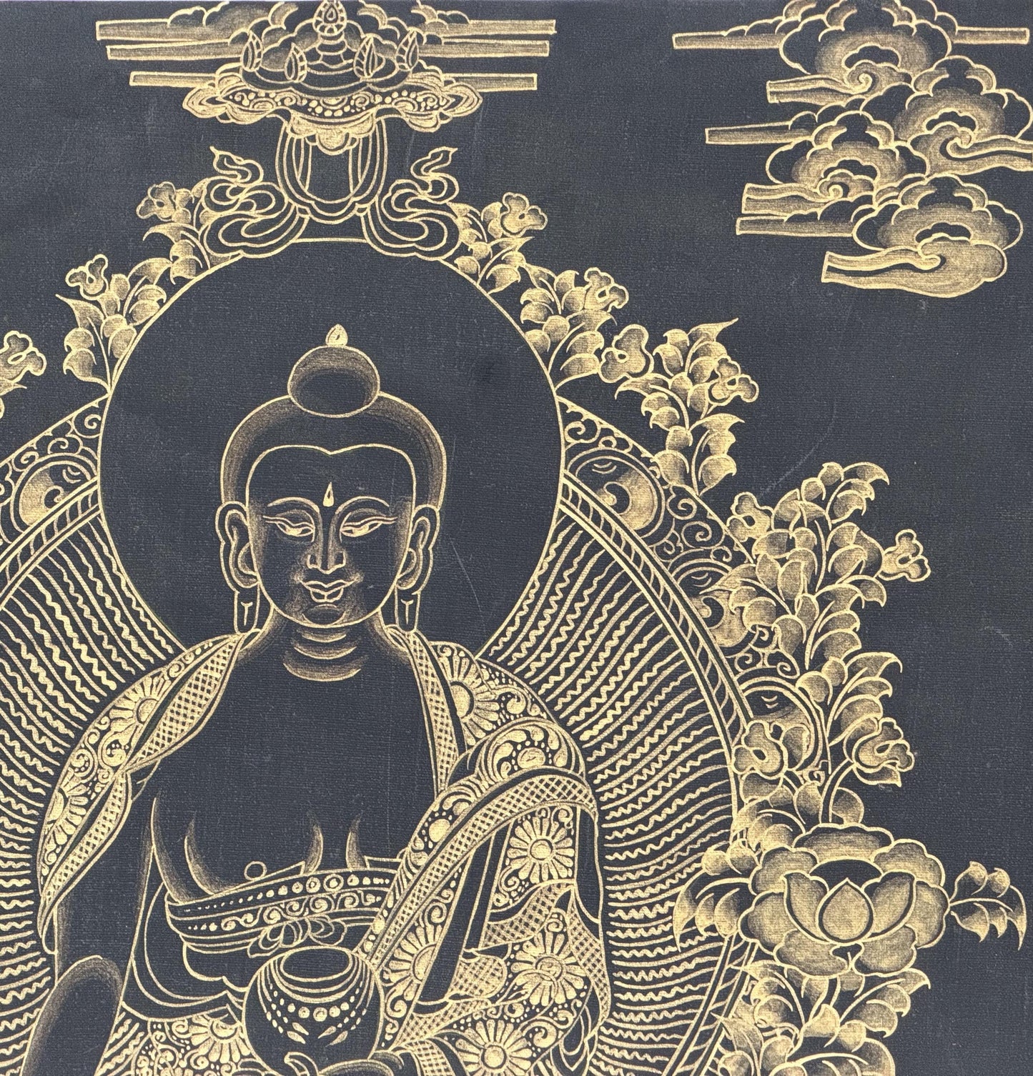 Black and Gold Shakyamuni Buddha Thangka Painting | Traditional Tibetan Buddhist Wall Art