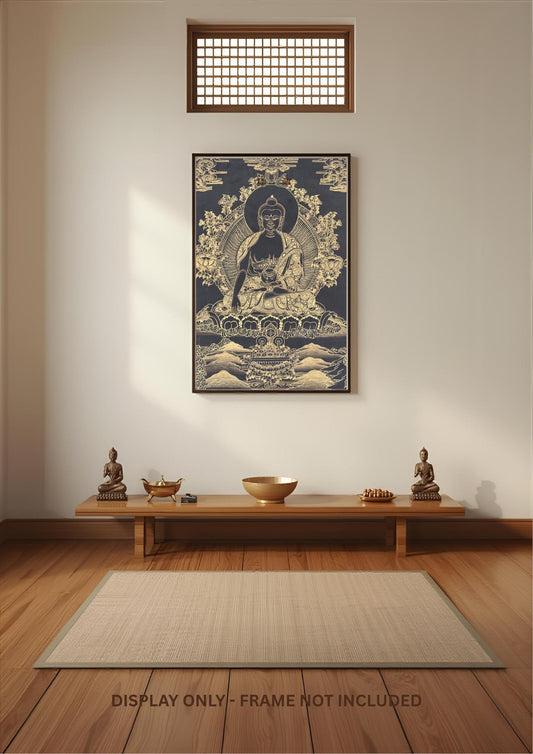 Black and Gold Shakyamuni Buddha Thangka Painting | Traditional Tibetan Buddhist Wall Art