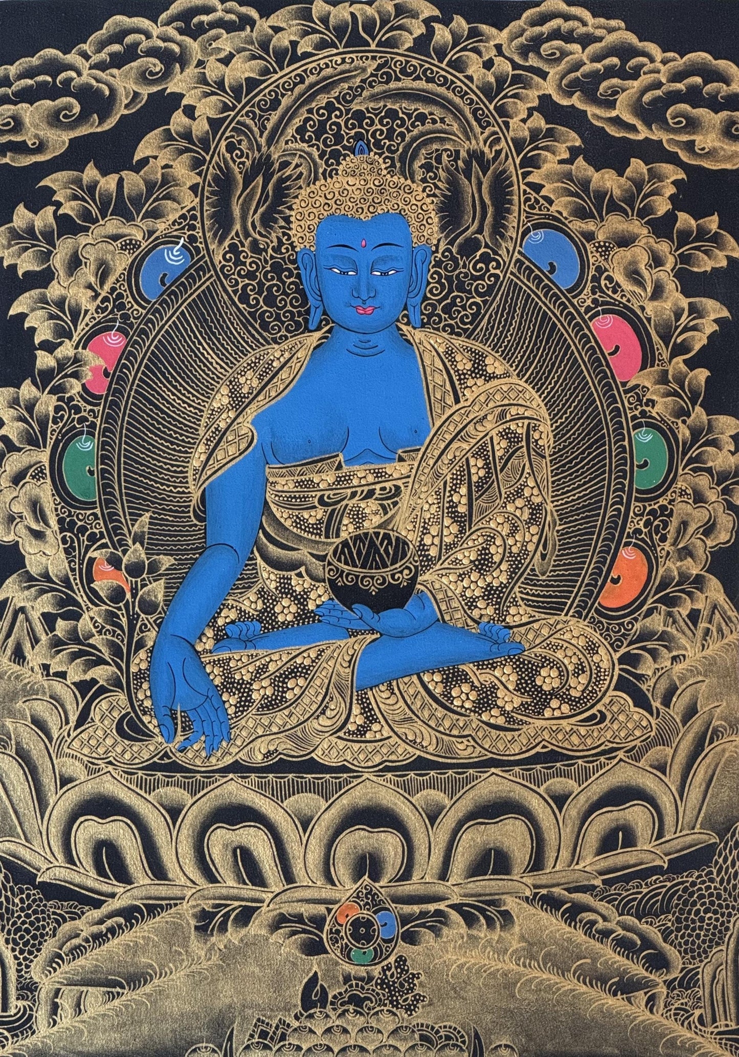 Medicine Buddha Thangka Painting: Hand-Painted Tibetan Meditation Art with Silk Brocade