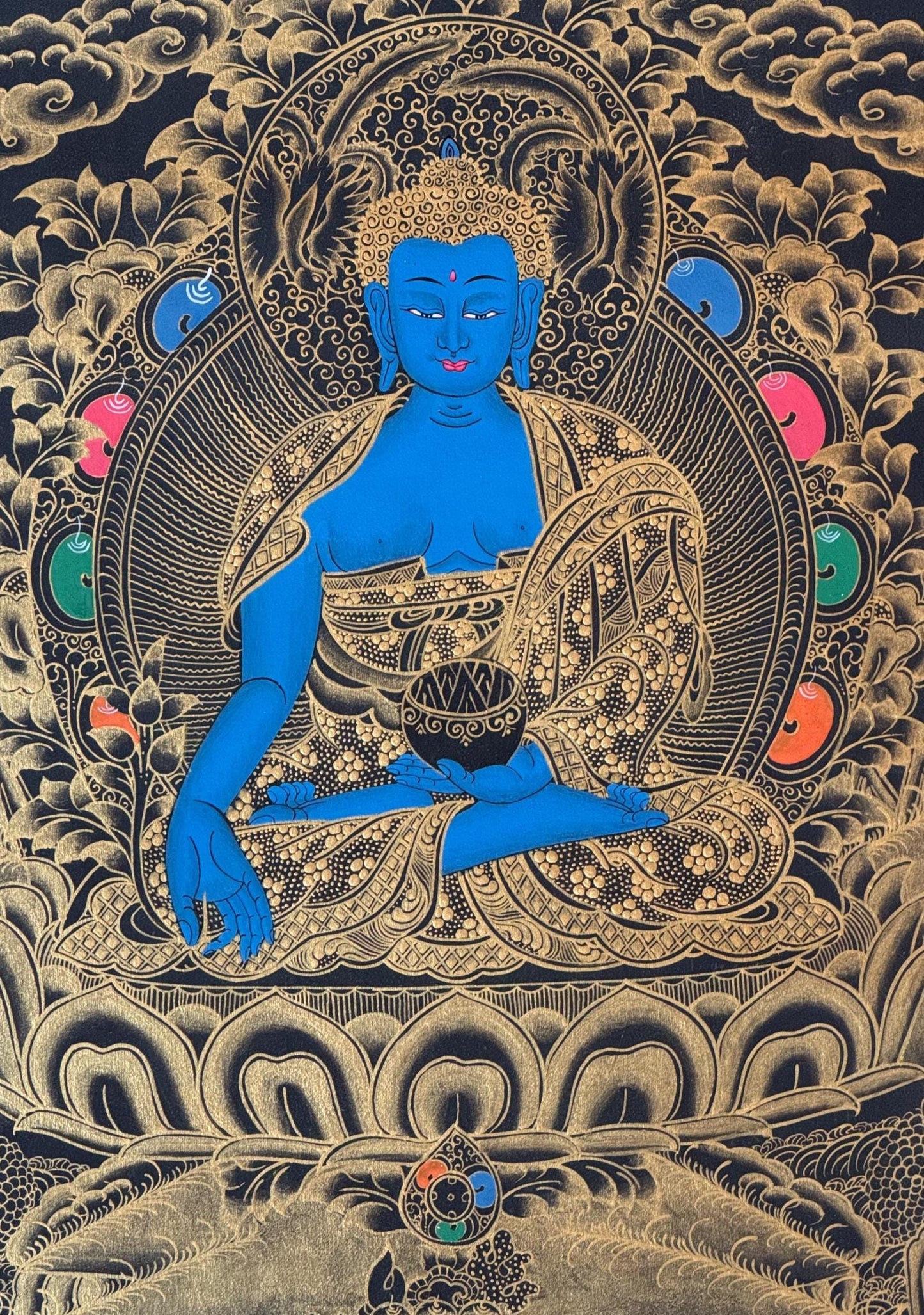 Medicine Buddha Thangka Painting: Hand-Painted Tibetan Meditation Art with Silk Brocade
