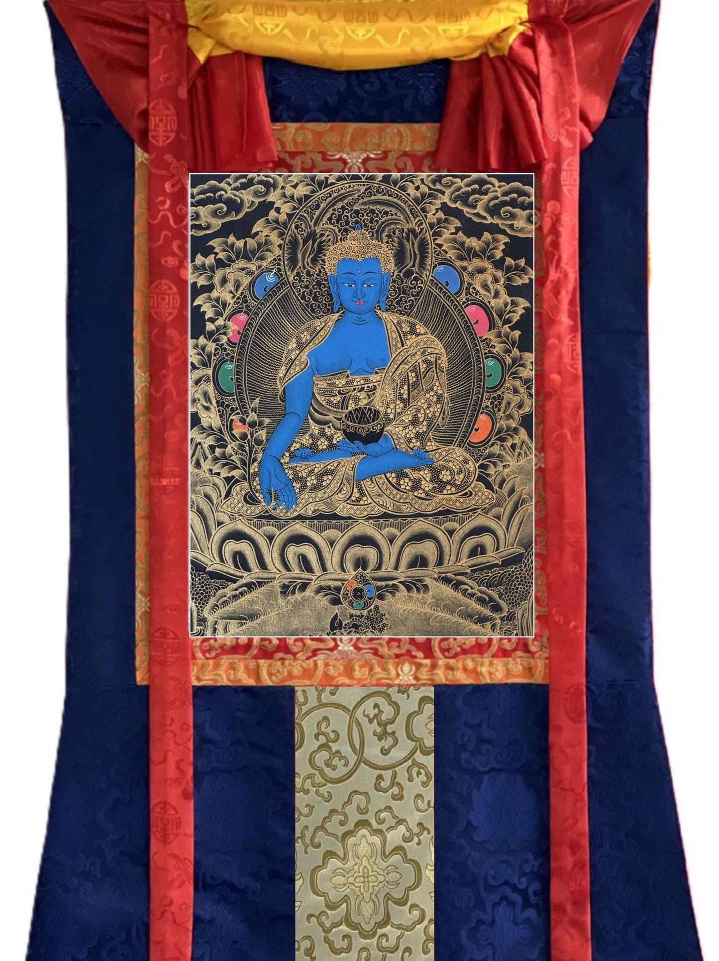 Medicine Buddha Thangka Painting: Hand-Painted Tibetan Meditation Art with Silk Brocade