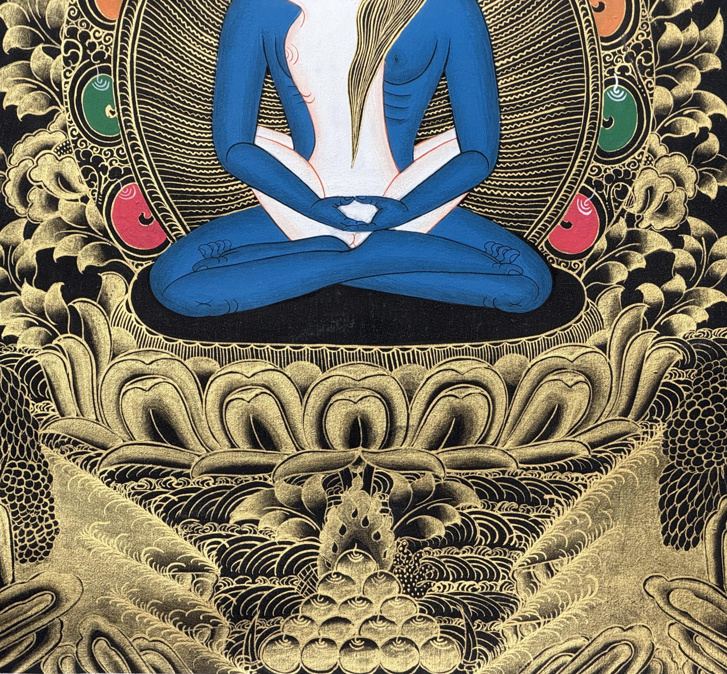 Hand-Painted Samantabhadra Yab Yum Thangka with Silk Brocade - Black and Gold Tibetan  Art