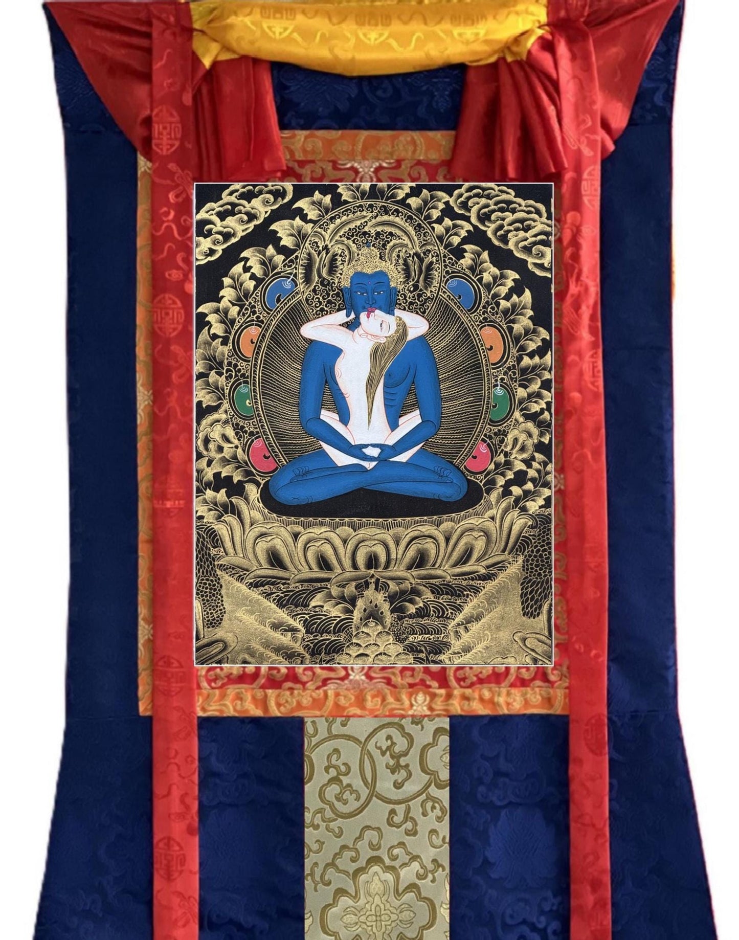 Hand-Painted Samantabhadra Yab Yum Thangka with Silk Brocade - Black and Gold Tibetan  Art
