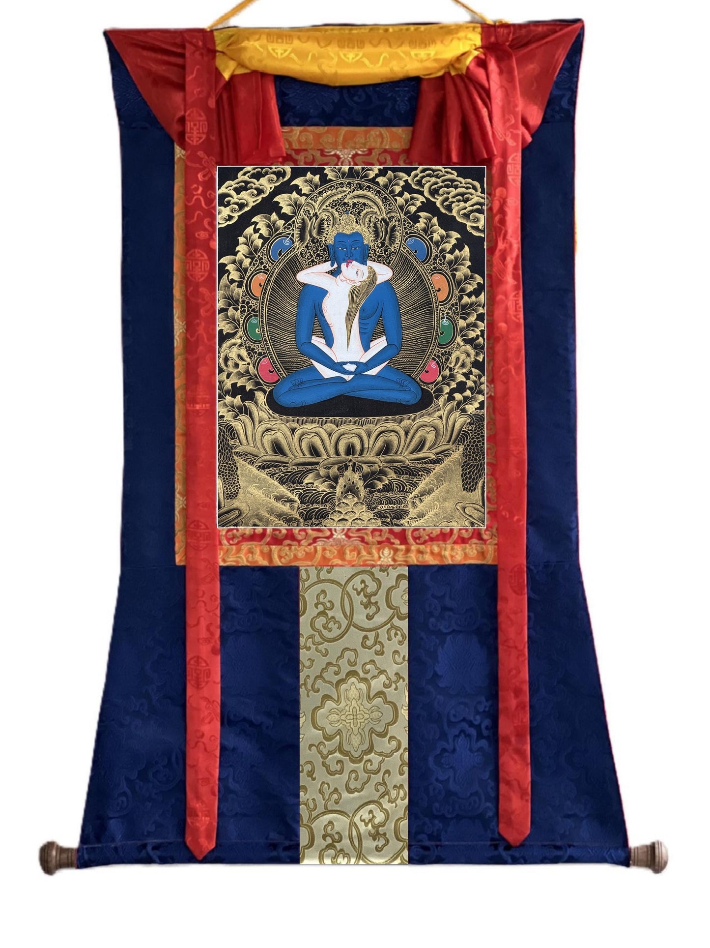 Hand-Painted Samantabhadra Yab Yum Thangka with Silk Brocade - Black and Gold Tibetan  Art