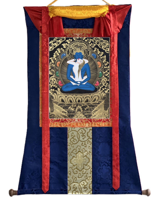 Hand-Painted Samantabhadra Yab Yum Thangka with Silk Brocade - Black and Gold Tibetan  Art